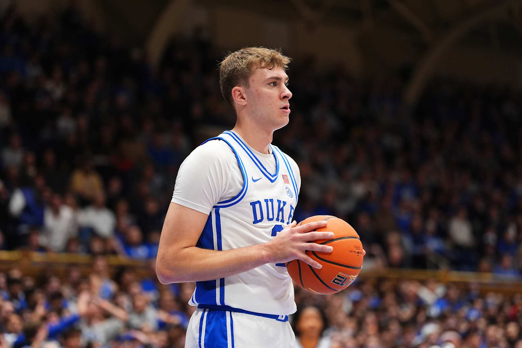 DURHAM, NORTH CAROLINA - JANUARY 07: Cooper Flagg #2 of the Duke Blue Devils loos on against the Pittsburgh Panthers during the game at Cameron Indoor Stadium on January 07, 2025 in Durham, North Carolina. (Photo by Grant Halverson/Getty Images)