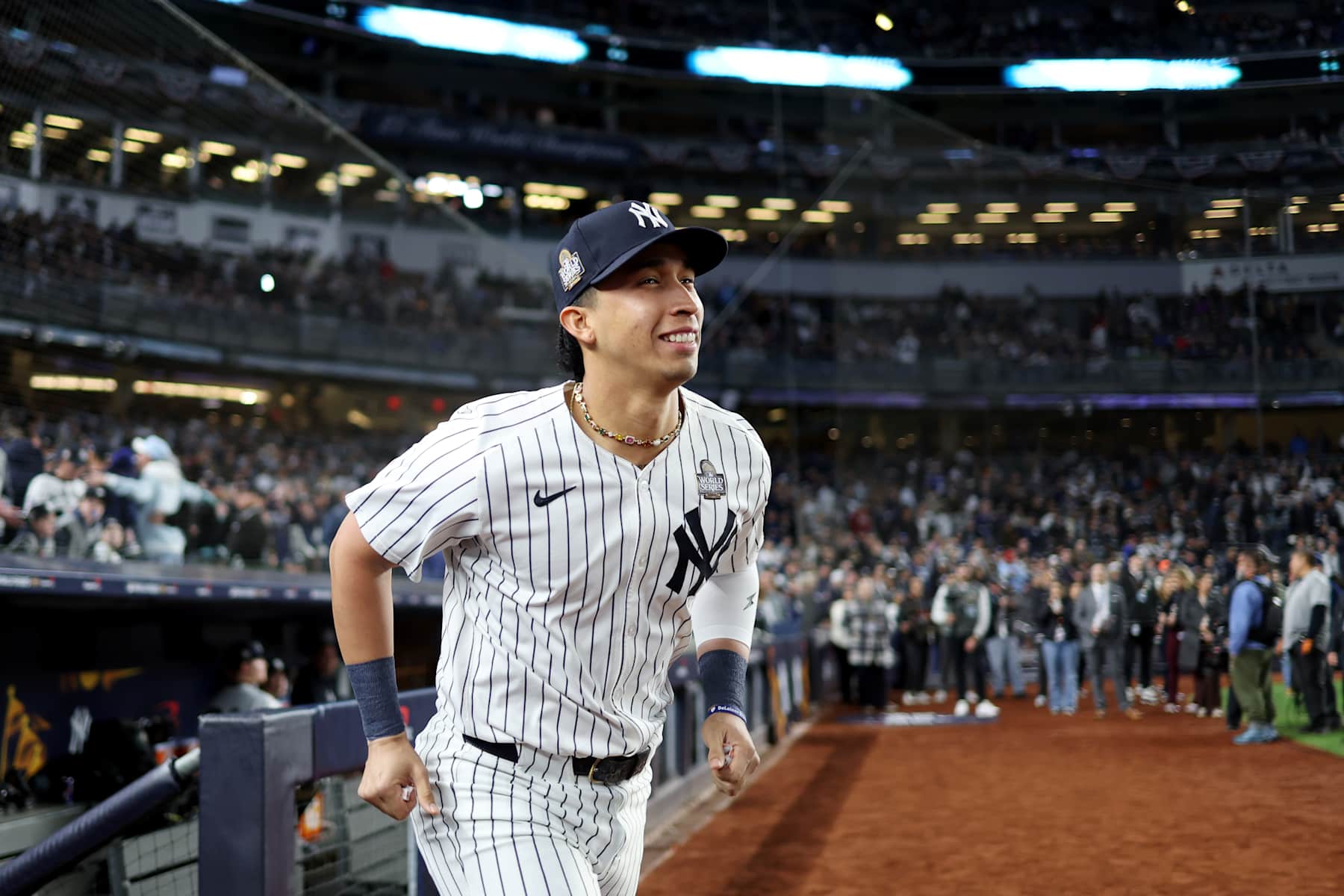NEW YORK, NY - OCTOBER 28:  Oswaldo Cabrera #95 of the New York Yankees takes the field during player introductions prior to Game 3 of the 2024 World Series presented by Capital One between the Los Angeles Dodgers and the New York Yankees at Yankee Stadium on Monday, October 28, 2024 in New York, New York. (Photo by Rob Tringali/MLB Photos via Getty Images)