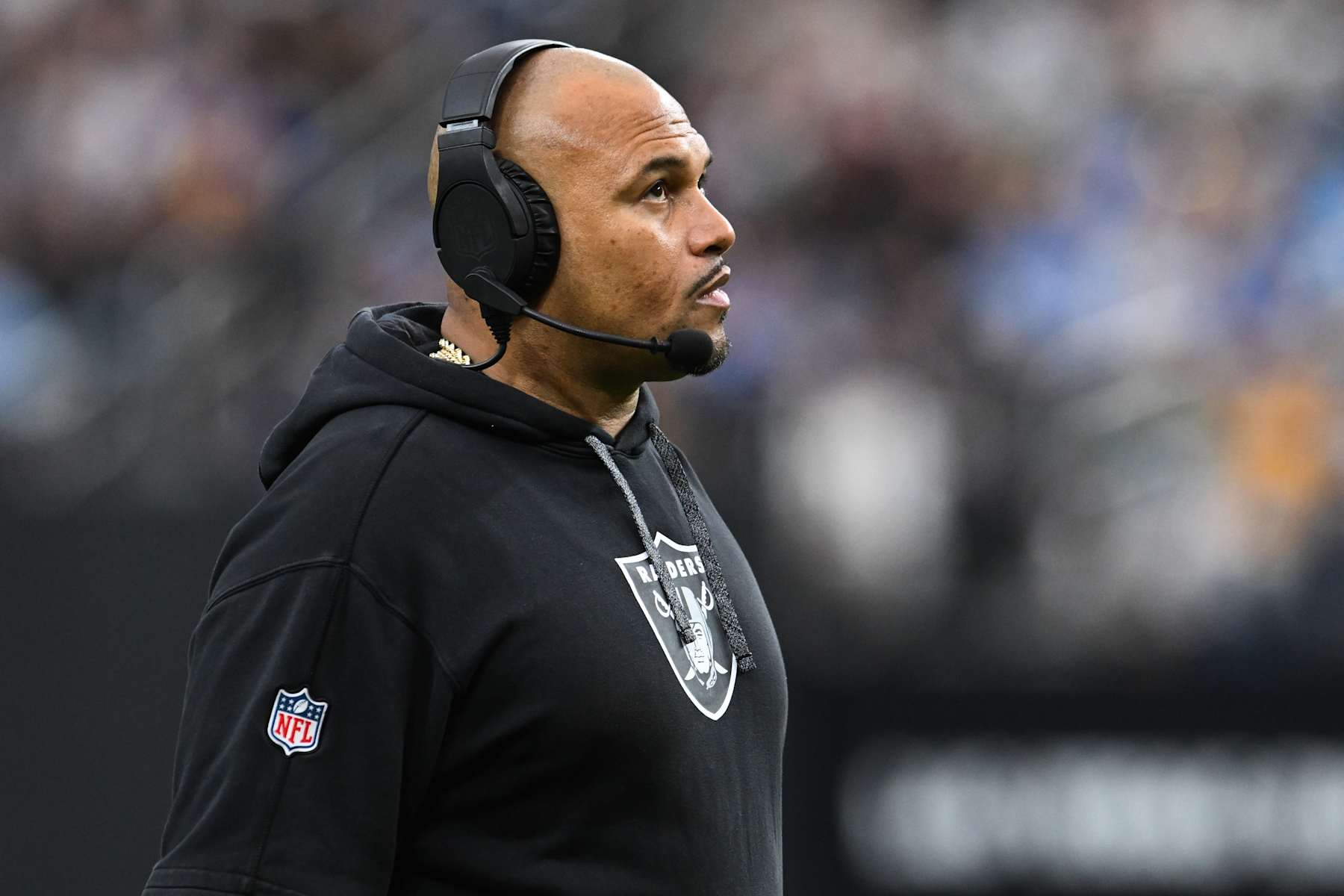 LAS VEGAS, NEVADA - JANUARY 05: Head coach Antonio Pierce of the Las Vegas Raiders looks on against the Los Angeles Chargers during the first quarter at Allegiant Stadium on January 05, 2025 in Las Vegas, Nevada. (Photo by Candice Ward/Getty Images)