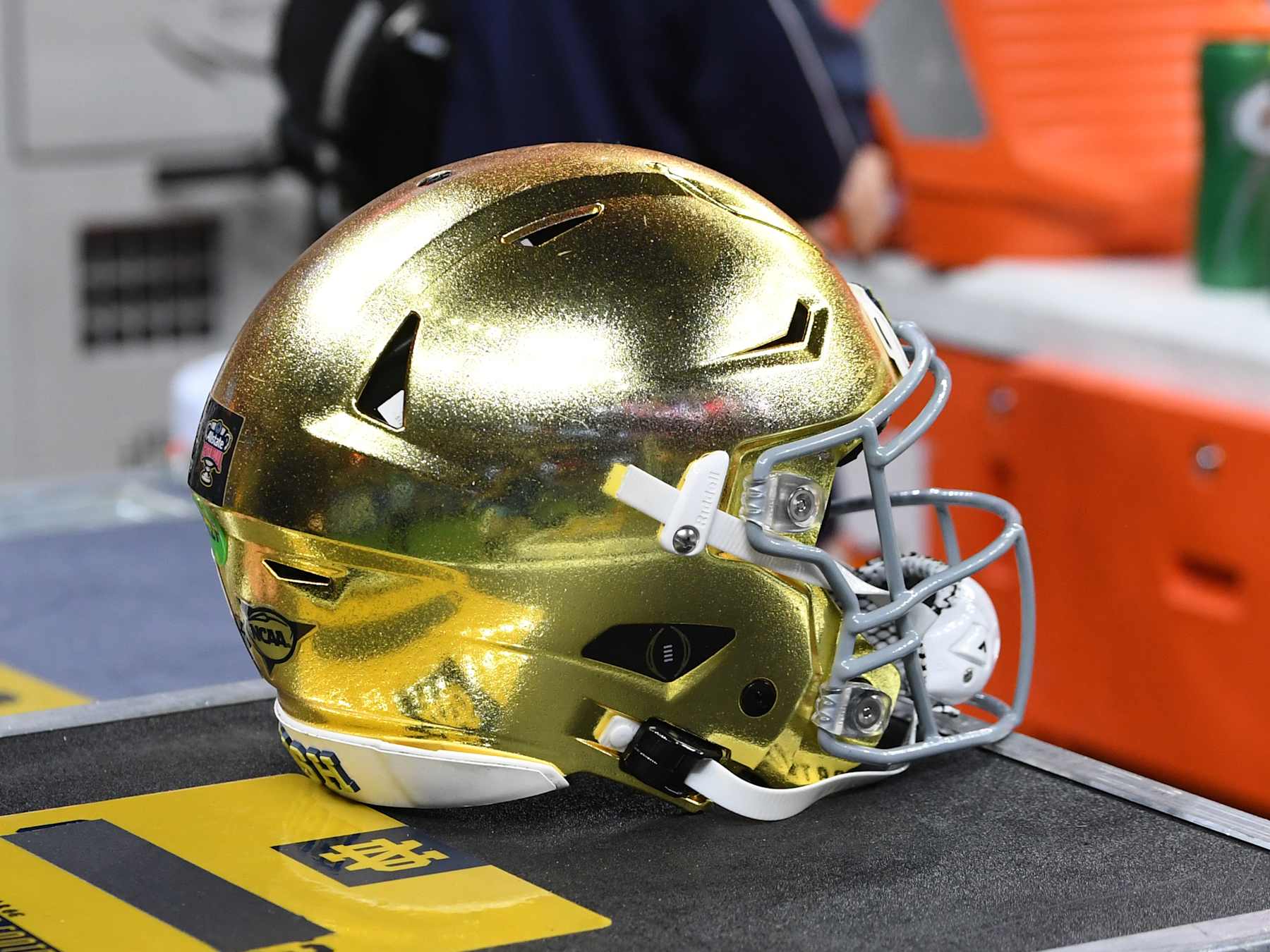NEW ORLEANS, LA - JANUARY 02: A Notre Dame Fighting Irish football helmet sits on the sideline during the Notre Dame Fighting Irish versus Georgia Bulldogs College Football Playoff Quarterfinal at the Allstate Sugar Bowl on January 2, 2025, at the Caesars Superdome in New Orleans, LA. (Photo by Jeffrey Vest/Icon Sportswire via Getty Images)