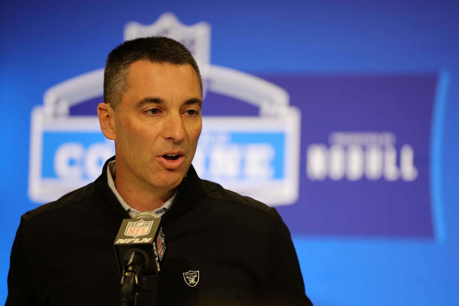 INDIANAPOLIS, INDIANA - FEBRUARY 27: General manager Tom Telesco of the Las Vegas Raiders speaks to the media during the NFL Combine at the Indiana Convention Center on February 27, 2024 in Indianapolis, Indiana. (Photo by Stacy Revere/Getty Images)