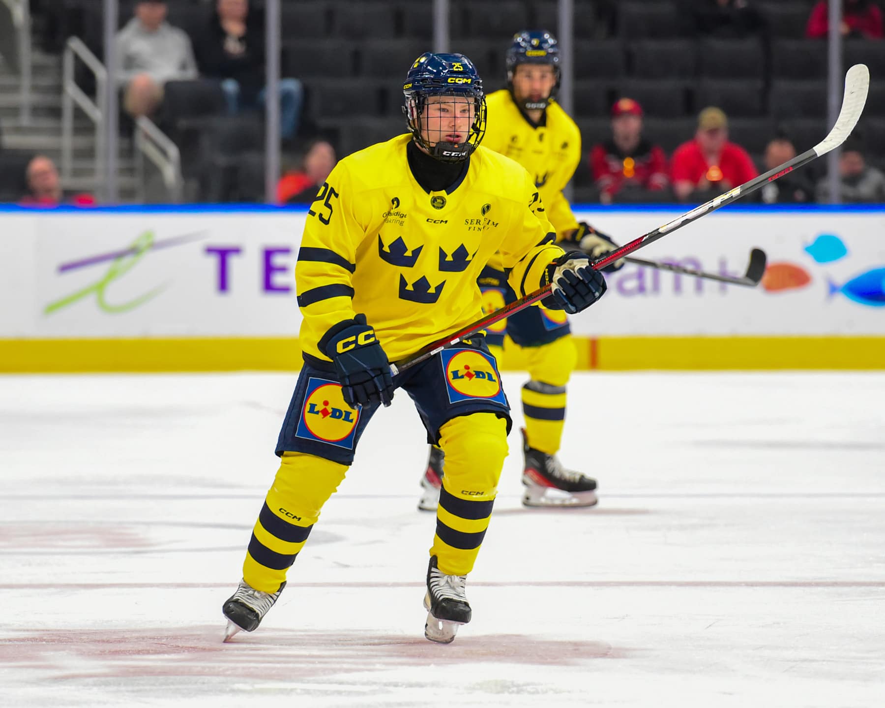 EDMONTON, CANADA AUGUST 10: Viktor Klingsell #25 of Team Sweden in action against Team USA during the Bronze Medal Game of the 2024 Hlinka Gretzky Cup at Rogers Place on August 10, 2024, in Edmonton, Alberta, Canada. (Photo by Leila Devlin/Getty Images)