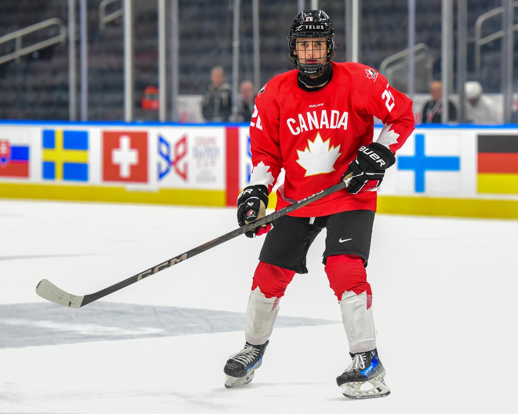 EDMONTON, CANADA AUGUST 10: Luca Romano #26 of Team Canada in action against Team Czechia during the Gold Medal Game of the 2024 Hlinka Gretzky Cup at Rogers Place on August 10, 2024, in Edmonton, Alberta, Canada. (Photo by Leila Devlin/Getty Images)