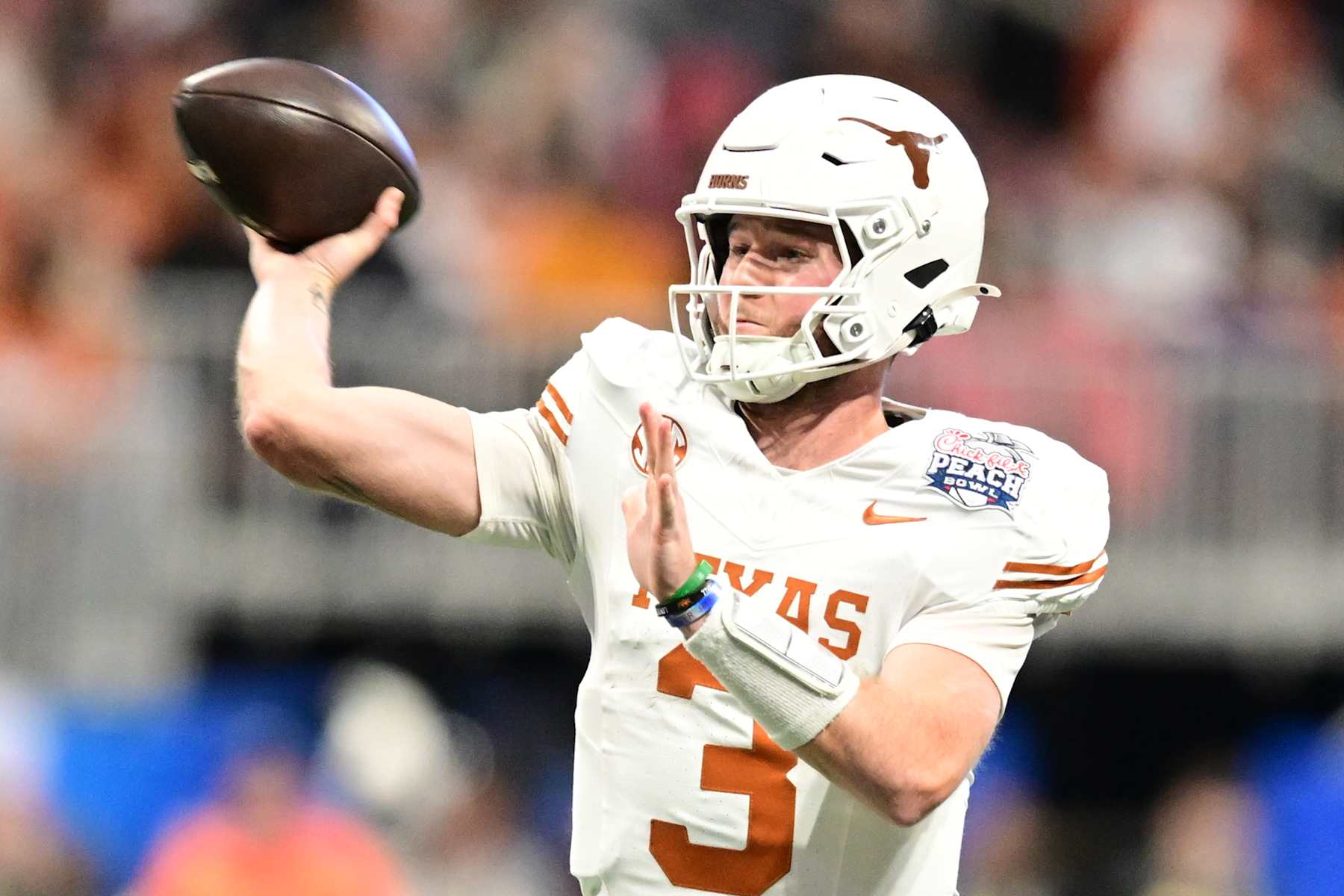 ATLANTA, GEORGIA - JANUARY 1: Quinn Ewers #3 of the Texas Longhorns throws against the Arizona State Sun Devils at Mercedes-Benz Stadium on January 1, 2025 in Atlanta, Georgia. (Photo by Adam Hagy/CFP/Getty Images)