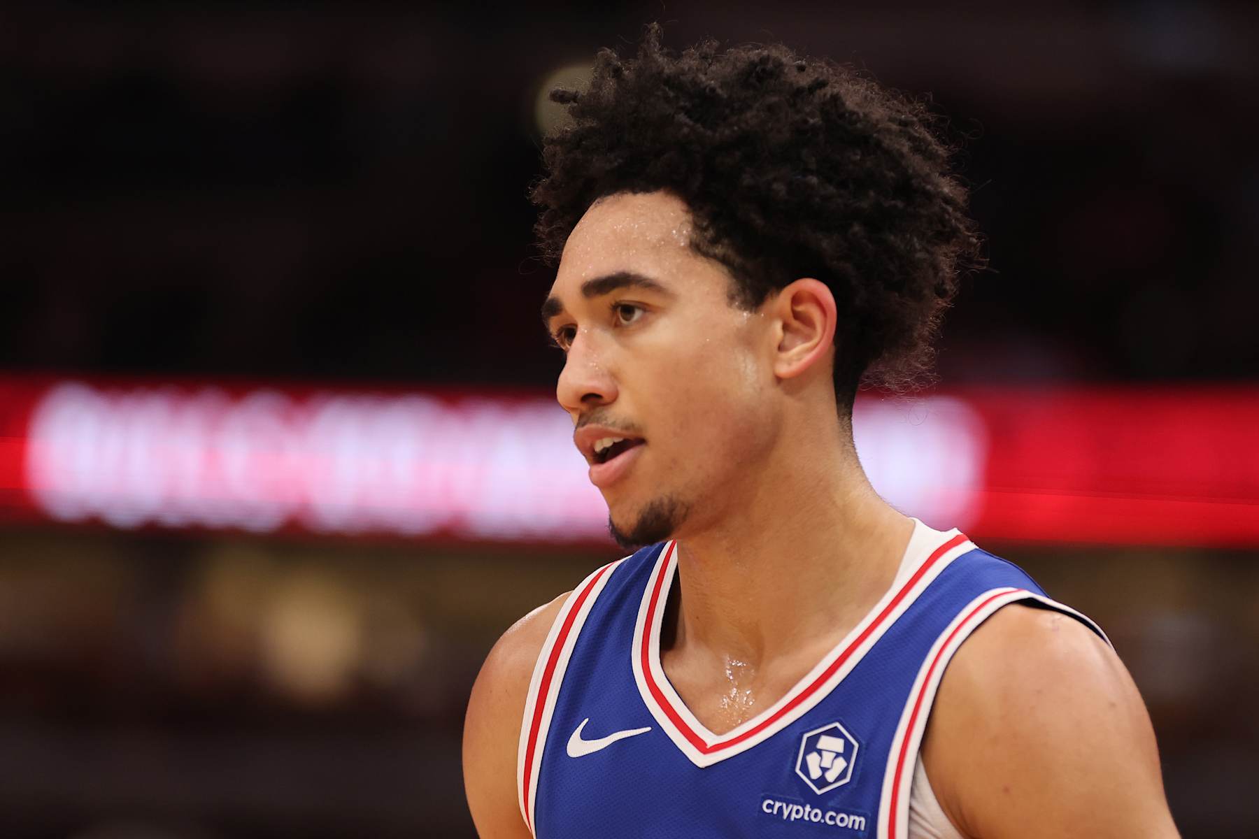 CHICAGO, ILLINOIS - DECEMBER 08: Jared McCain #20 of the Philadelphia 76ers looks on against the Chicago Bulls during the second half at the United Center on December 08, 2024 in Chicago, Illinois. NOTE TO USER: User expressly acknowledges and agrees that, by downloading and or using this photograph, User is consenting to the terms and conditions of the Getty Images License Agreement.  (Photo by Michael Reaves/Getty Images)