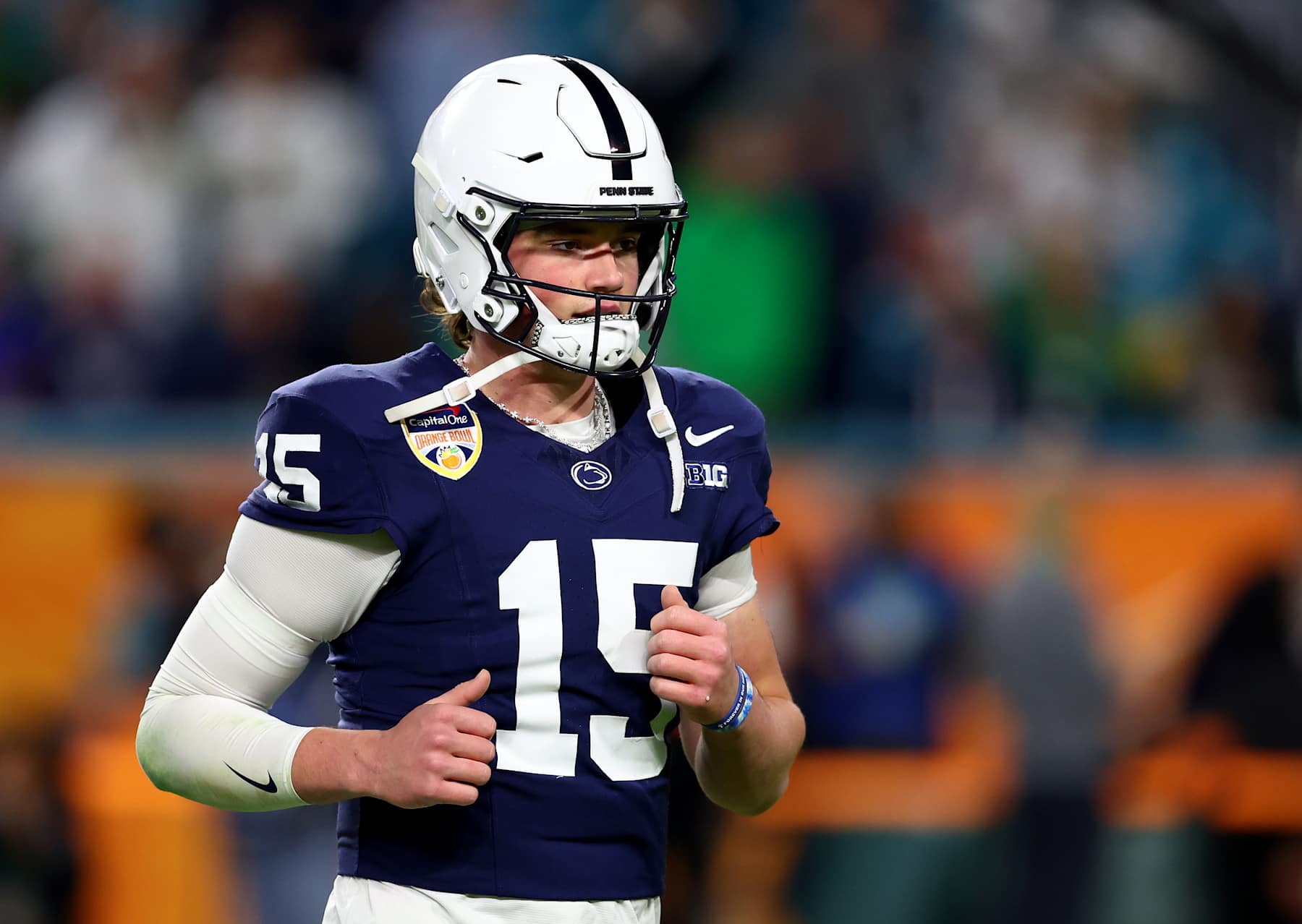 MIAMI GARDENS, FLORIDA - JANUARY 09: Drew Allar #15 of the Penn State Nittany Lions warms up prior to the Capital One Orange Bowl against the Notre Dame Fighting Irish at Hard Rock Stadium on January 09, 2025 in Miami Gardens, Florida. (Photo by Megan Briggs/Getty Images)