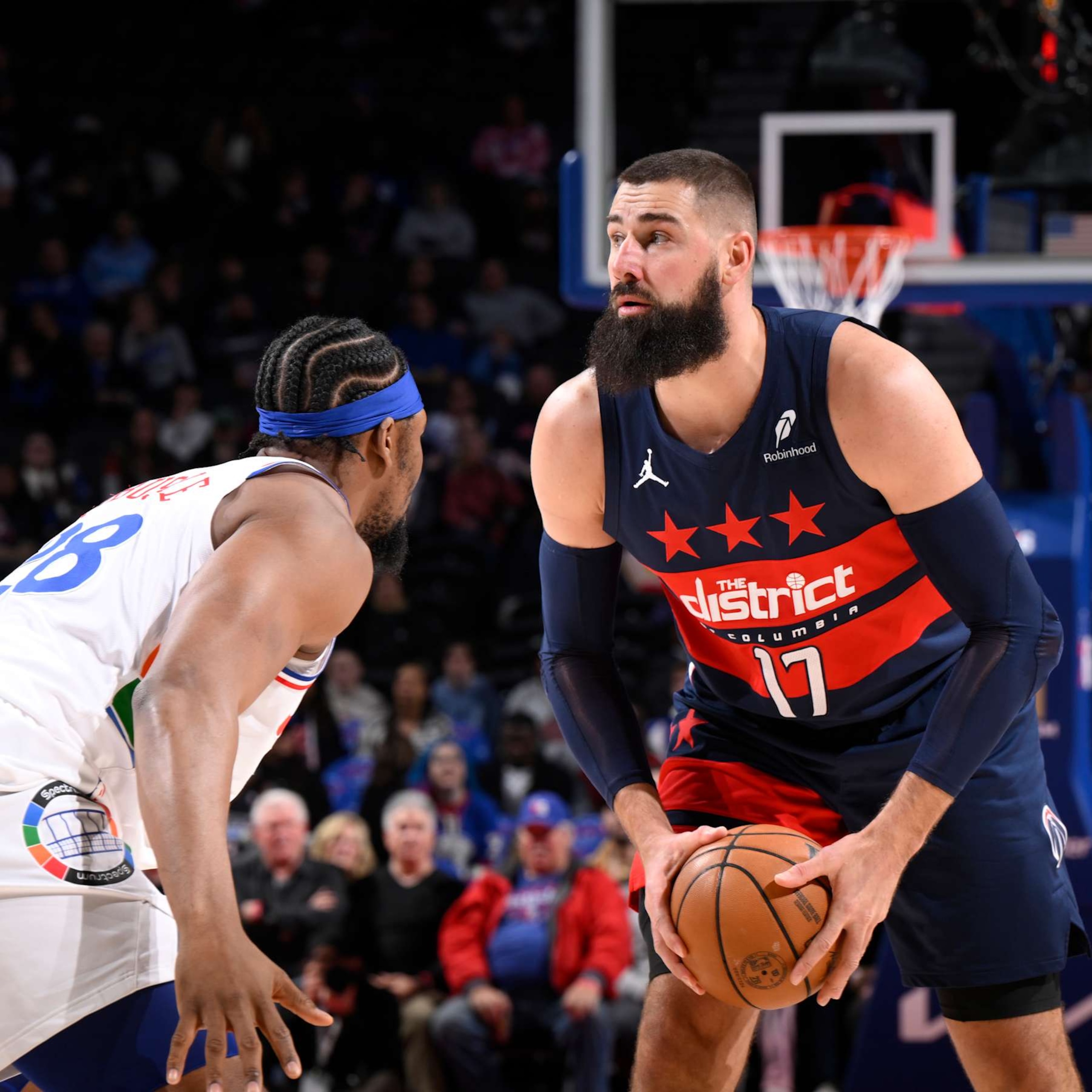 PHILADELPHIA, PA - JANUARY 8: Jonas Valanciunas #17 of the Washington Wizards handles the ball during the game against the Philadelphia 76ers on January 8, 2025 at the Wells Fargo Center in Philadelphia, Pennsylvania NOTE TO USER: User expressly acknowledges and agrees that, by downloading and/or using this Photograph, user is consenting to the terms and conditions of the Getty Images License Agreement. Mandatory Copyright Notice: Copyright 2025 NBAE (Photo by David Dow/NBAE via Getty Images) PHILADELPHIA, PA - JANUARY 8: Jonas Valanciunas #17 of the Washington Wizards handles the ball during the game against the Philadelphia 76ers on January 8, 2025 at the Wells Fargo Center in Philadelphia, Pennsylvania NOTE TO USER: User expressly acknowledges and agrees that, by downloading and/or using this Photograph, user is consenting to the terms and conditions of the Getty Images License Agreement. Mandatory Copyright Notice: Copyright 2025 NBAE (Photo by David Dow/NBAE via Getty Images)