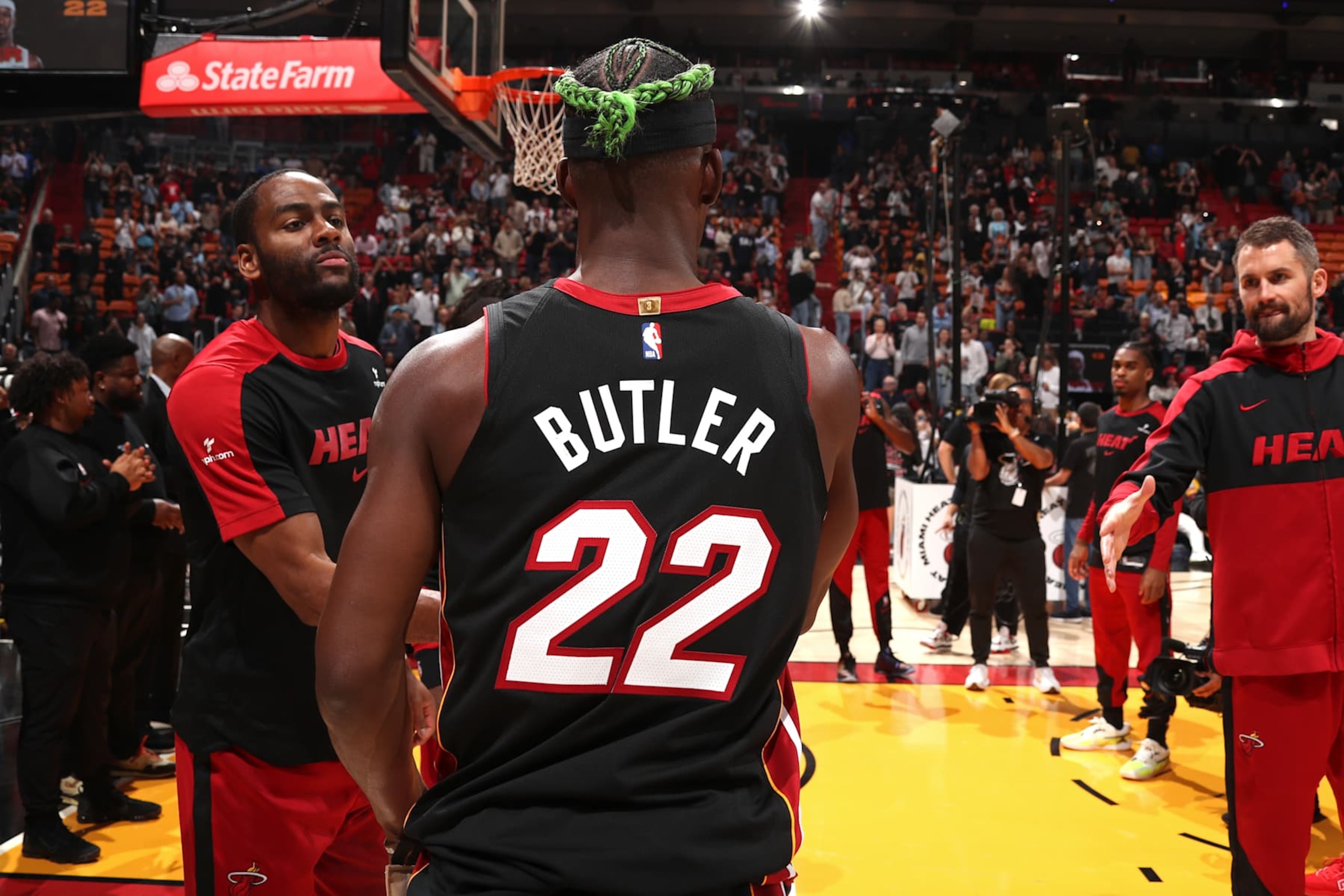 MIAMI, FL - JANUARY 2: Jimmy Butler #22 of the Miami Heat is introduced before the game against the Indiana Pacers on January 2, 2025 at Kaseya Center in Miami, Florida. NOTE TO USER: User expressly acknowledges and agrees that, by downloading and or using this Photograph, user is consenting to the terms and conditions of the Getty Images License Agreement. Mandatory Copyright Notice: Copyright 2025 NBAE (Photo by Issac Baldizon/NBAE via Getty Images) MIAMI, FL - JANUARY 2: Jimmy Butler #22 of the Miami Heat is introduced before the game against the Indiana Pacers on January 2, 2025 at Kaseya Center in Miami, Florida. NOTE TO USER: User expressly acknowledges and agrees that, by downloading and or using this Photograph, user is consenting to the terms and conditions of the Getty Images License Agreement. Mandatory Copyright Notice: Copyright 2025 NBAE (Photo by Issac Baldizon/NBAE via Getty Images)