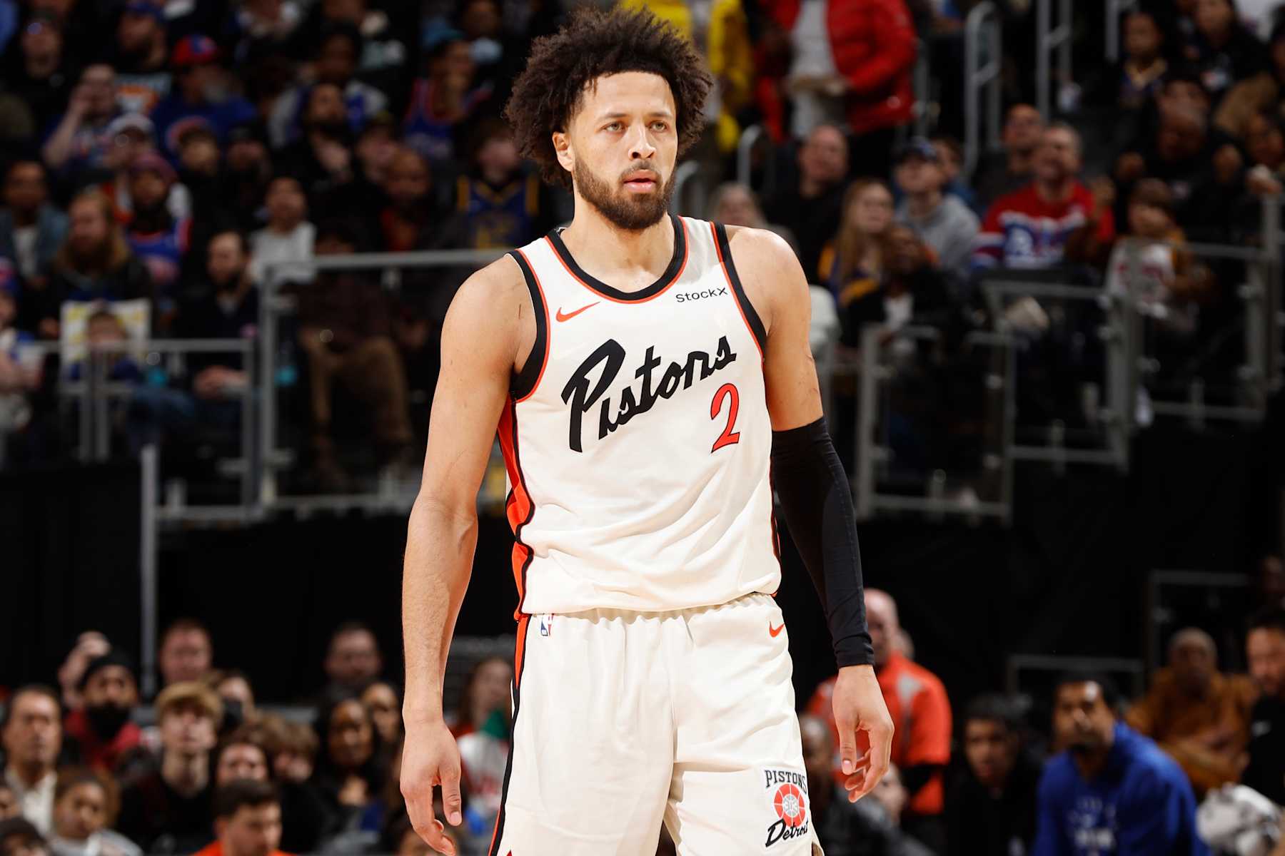 DETROIT, MI - JANUARY 09:  Cade Cunningham #2 of the Detroit Pistons looks on during the game against the Golden State Warriors on January 09, 2025 at Little Caesars Arena in Detroit, Michigan. NOTE TO USER: User expressly acknowledges and agrees that, by downloading and/or using this photograph, User is consenting to the terms and conditions of the Getty Images License Agreement. Mandatory Copyright Notice: Copyright 2025 NBAE (Photo by Brian Sevald/NBAE via Getty Images)