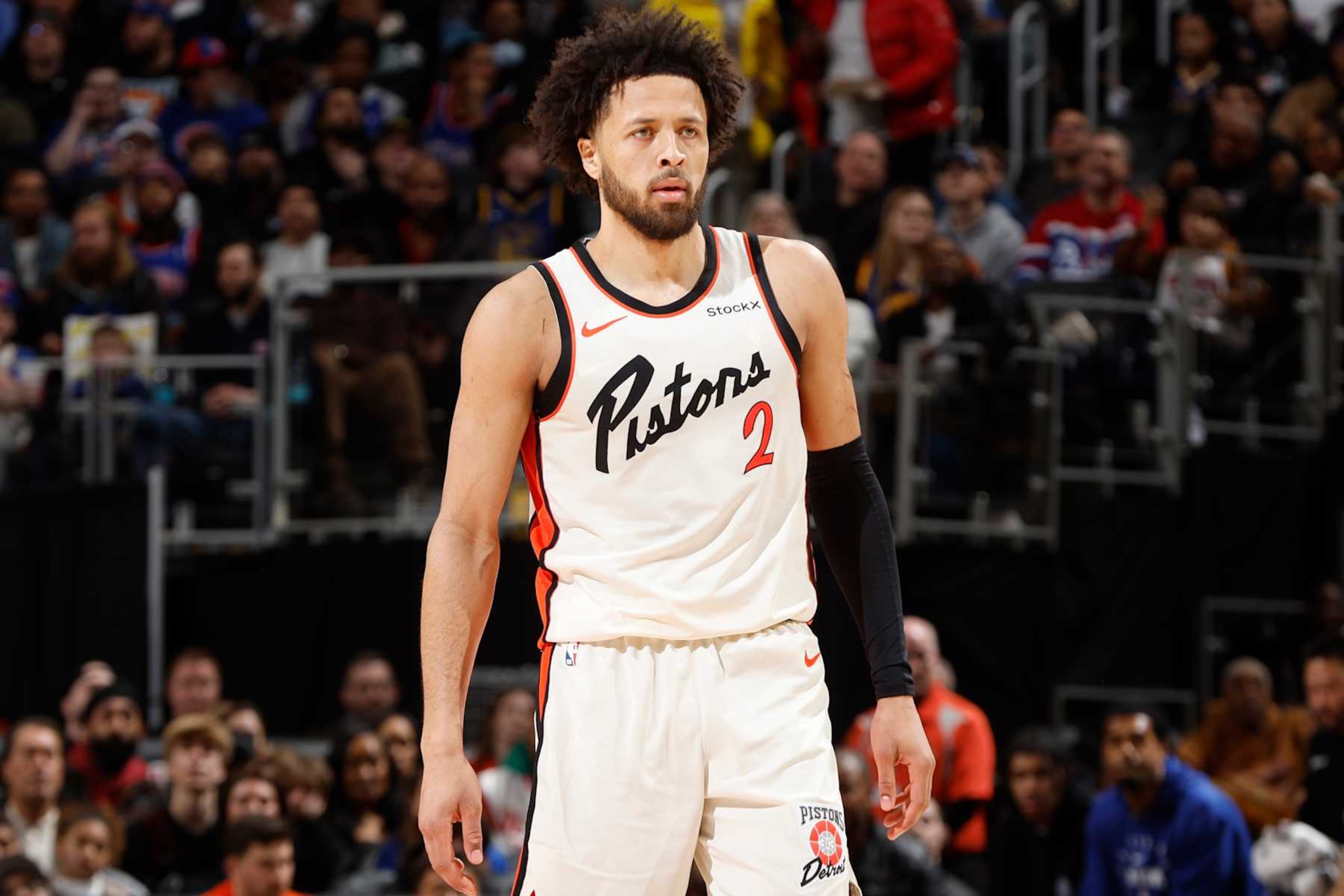 DETROIT, MI - JANUARY 09: Cade Cunningham #2 of the Detroit Pistons looks on during the game against the Golden State Warriors on January 09, 2025 at Little Caesars Arena in Detroit, Michigan. NOTE TO USER: User expressly acknowledges and agrees that, by downloading and/or using this photograph, User is consenting to the terms and conditions of the Getty Images License Agreement. Mandatory Copyright Notice: Copyright 2025 NBAE (Photo by Brian Sevald/NBAE via Getty Images) DETROIT, MI - JANUARY 09: Cade Cunningham #2 of the Detroit Pistons looks on during the game against the Golden State Warriors on January 09, 2025 at Little Caesars Arena in Detroit, Michigan. NOTE TO USER: User expressly acknowledges and agrees that, by downloading and/or using this photograph, User is consenting to the terms and conditions of the Getty Images License Agreement. Mandatory Copyright Notice: Copyright 2025 NBAE (Photo by Brian Sevald/NBAE via Getty Images)