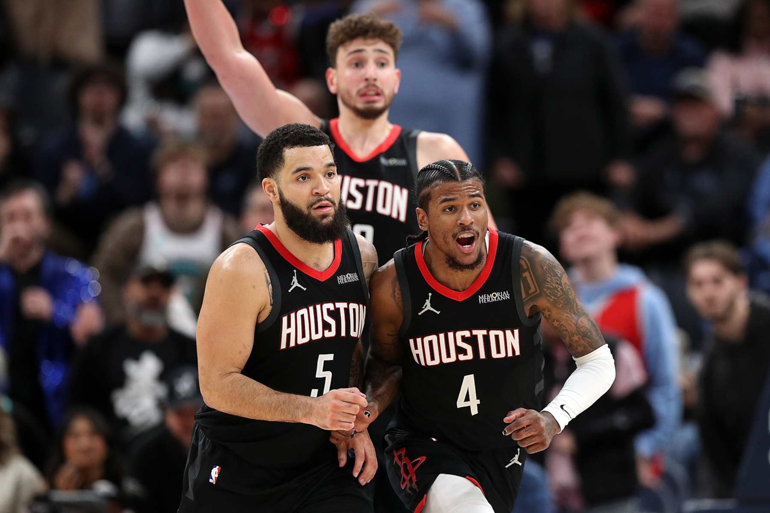 MEMPHIS, TENNESSEE - JANUARY 09: Fred VanVleet (L) #5 and Jalen Green #4 of the Houston Rockets react during the second half against the Memphis Grizzlies at FedExForum on January 09, 2025 in Memphis, Tennessee. NOTE TO USER: User expressly acknowledges and agrees that, by downloading and or using this photograph, User is consenting to the terms and conditions of the Getty Images License Agreement. (Photo by Justin Ford/Getty Images) MEMPHIS, TENNESSEE - JANUARY 09: Fred VanVleet (L) #5 and Jalen Green #4 of the Houston Rockets react during the second half against the Memphis Grizzlies at FedExForum on January 09, 2025 in Memphis, Tennessee. NOTE TO USER: User expressly acknowledges and agrees that, by downloading and or using this photograph, User is consenting to the terms and conditions of the Getty Images License Agreement. (Photo by Justin Ford/Getty Images)