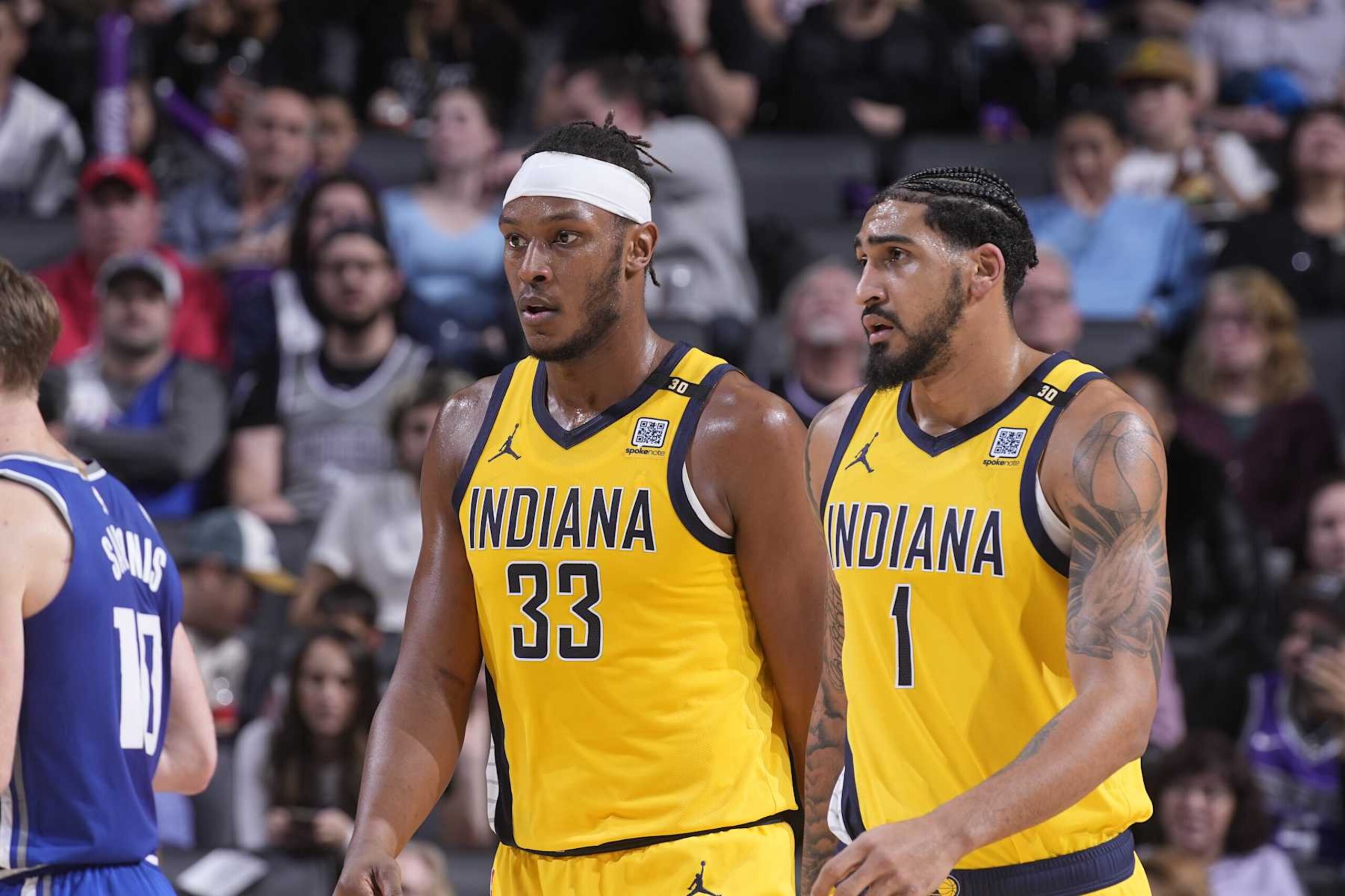 SACRAMENTO, CA - JANUARY 18: Myles Turner #33 and Obi Toppin #1 of the Indiana Pacers look on during the game against the Sacramento Kings on January 18, 2024 at Golden 1 Center in Sacramento, California. NOTE TO USER: User expressly acknowledges and agrees that, by downloading and or using this photograph, User is consenting to the terms and conditions of the Getty Images Agreement. Mandatory Copyright Notice: Copyright 2024 NBAE (Photo by Rocky Widner/NBAE via Getty Images) SACRAMENTO, CA - JANUARY 18: Myles Turner #33 and Obi Toppin #1 of the Indiana Pacers look on during the game against the Sacramento Kings on January 18, 2024 at Golden 1 Center in Sacramento, California. NOTE TO USER: User expressly acknowledges and agrees that, by downloading and or using this photograph, User is consenting to the terms and conditions of the Getty Images Agreement. Mandatory Copyright Notice: Copyright 2024 NBAE (Photo by Rocky Widner/NBAE via Getty Images)