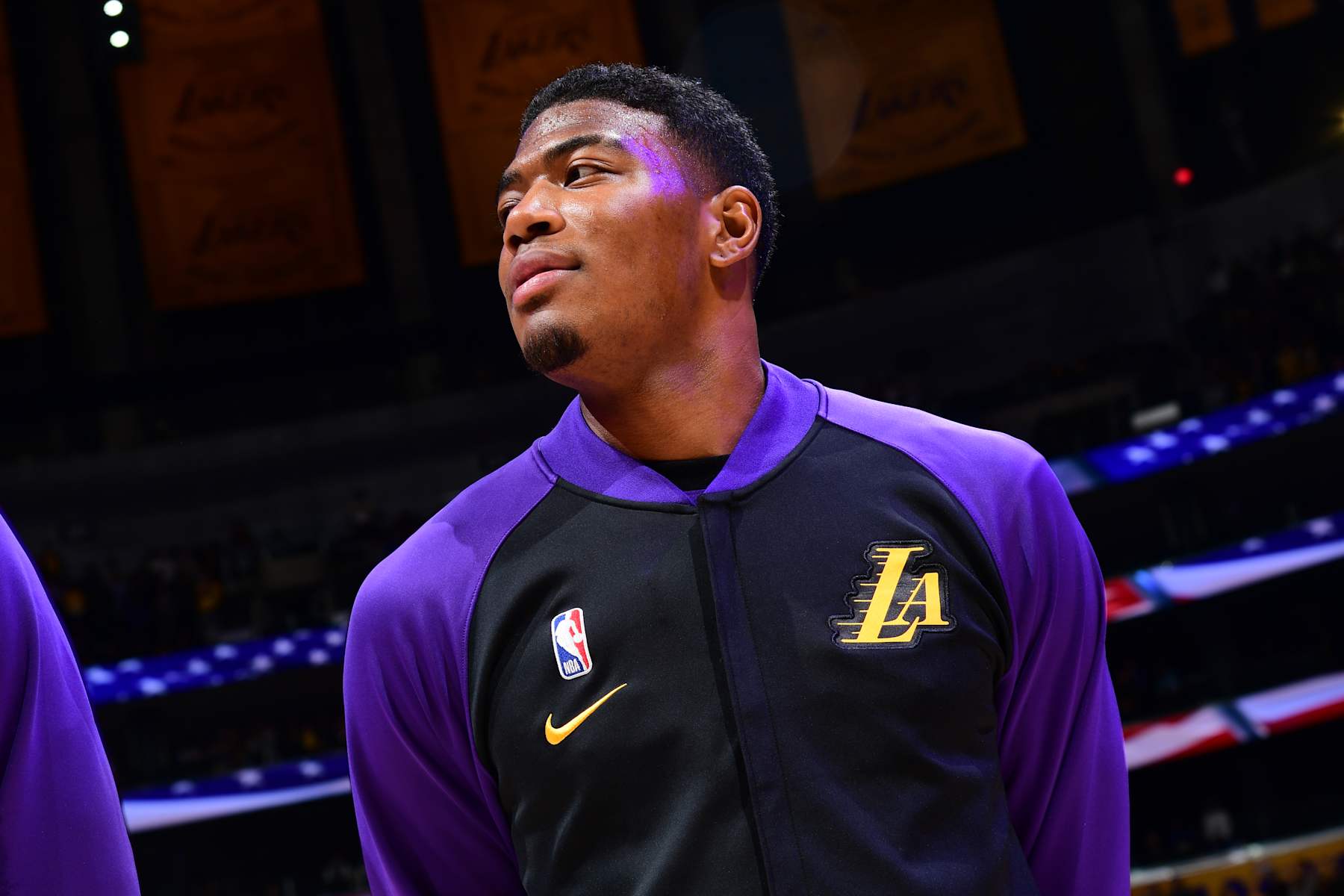 LOS ANGELES, CA - JANUARY 2:  Rui Hachimura #28 of the Los Angeles Lakers stands for the National Anthem before the game against the Portland Trail Blazers on January 2, 2025 at Crypto.Com Arena in Los Angeles, California. NOTE TO USER: User expressly acknowledges and agrees that, by downloading and/or using this Photograph, user is consenting to the terms and conditions of the Getty Images License Agreement. Mandatory Copyright Notice: Copyright 2025 NBAE (Photo by Adam Pantozzi/NBAE via Getty Images)