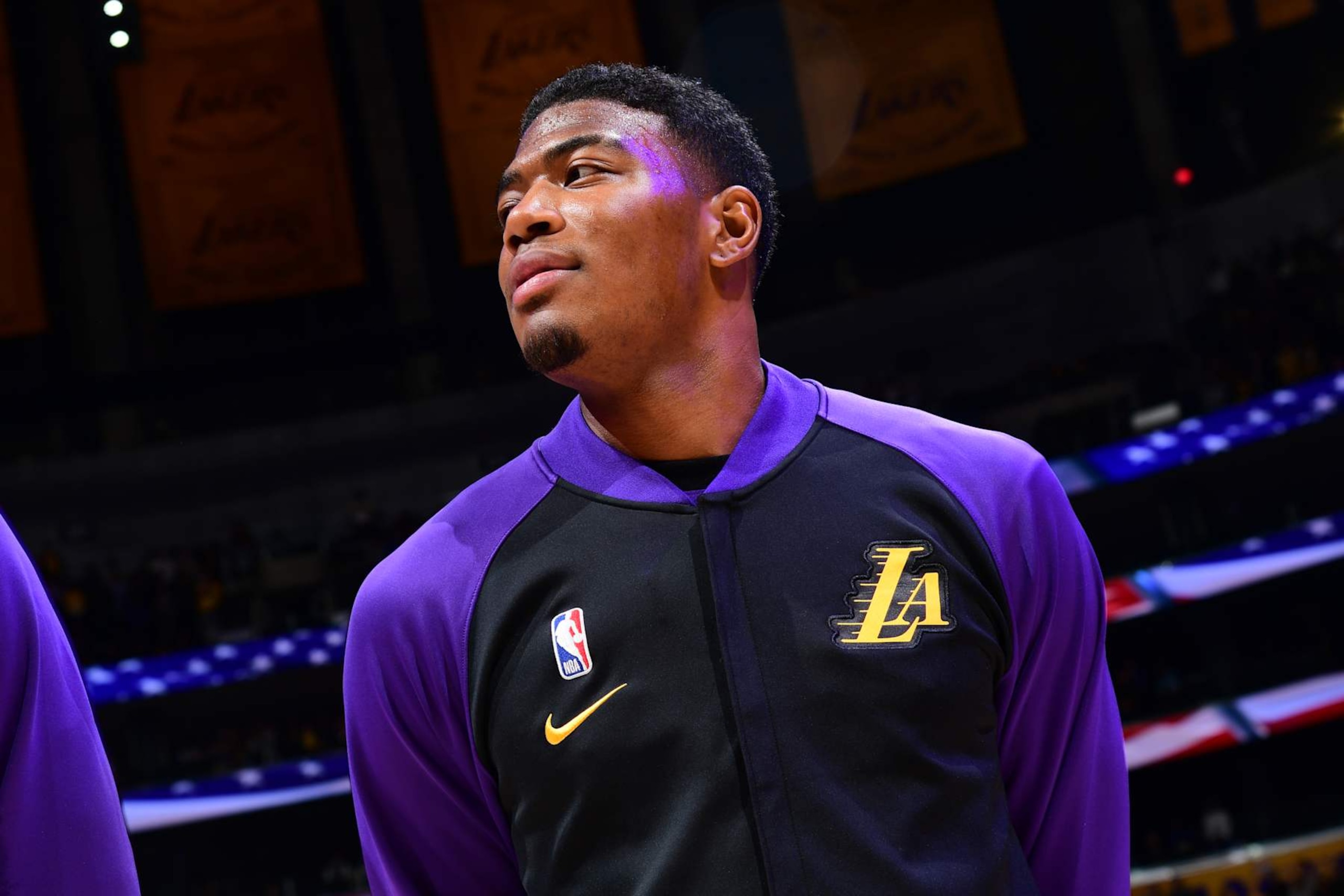 LOS ANGELES, CA - JANUARY 2: Rui Hachimura #28 of the Los Angeles Lakers stands for the National Anthem before the game against the Portland Trail Blazers on January 2, 2025 at Crypto.Com Arena in Los Angeles, California. NOTE TO USER: User expressly acknowledges and agrees that, by downloading and/or using this Photograph, user is consenting to the terms and conditions of the Getty Images License Agreement. Mandatory Copyright Notice: Copyright 2025 NBAE (Photo by Adam Pantozzi/NBAE via Getty Images) LOS ANGELES, CA - JANUARY 2: Rui Hachimura #28 of the Los Angeles Lakers stands for the National Anthem before the game against the Portland Trail Blazers on January 2, 2025 at Crypto.Com Arena in Los Angeles, California. NOTE TO USER: User expressly acknowledges and agrees that, by downloading and/or using this Photograph, user is consenting to the terms and conditions of the Getty Images License Agreement. Mandatory Copyright Notice: Copyright 2025 NBAE (Photo by Adam Pantozzi/NBAE via Getty Images)