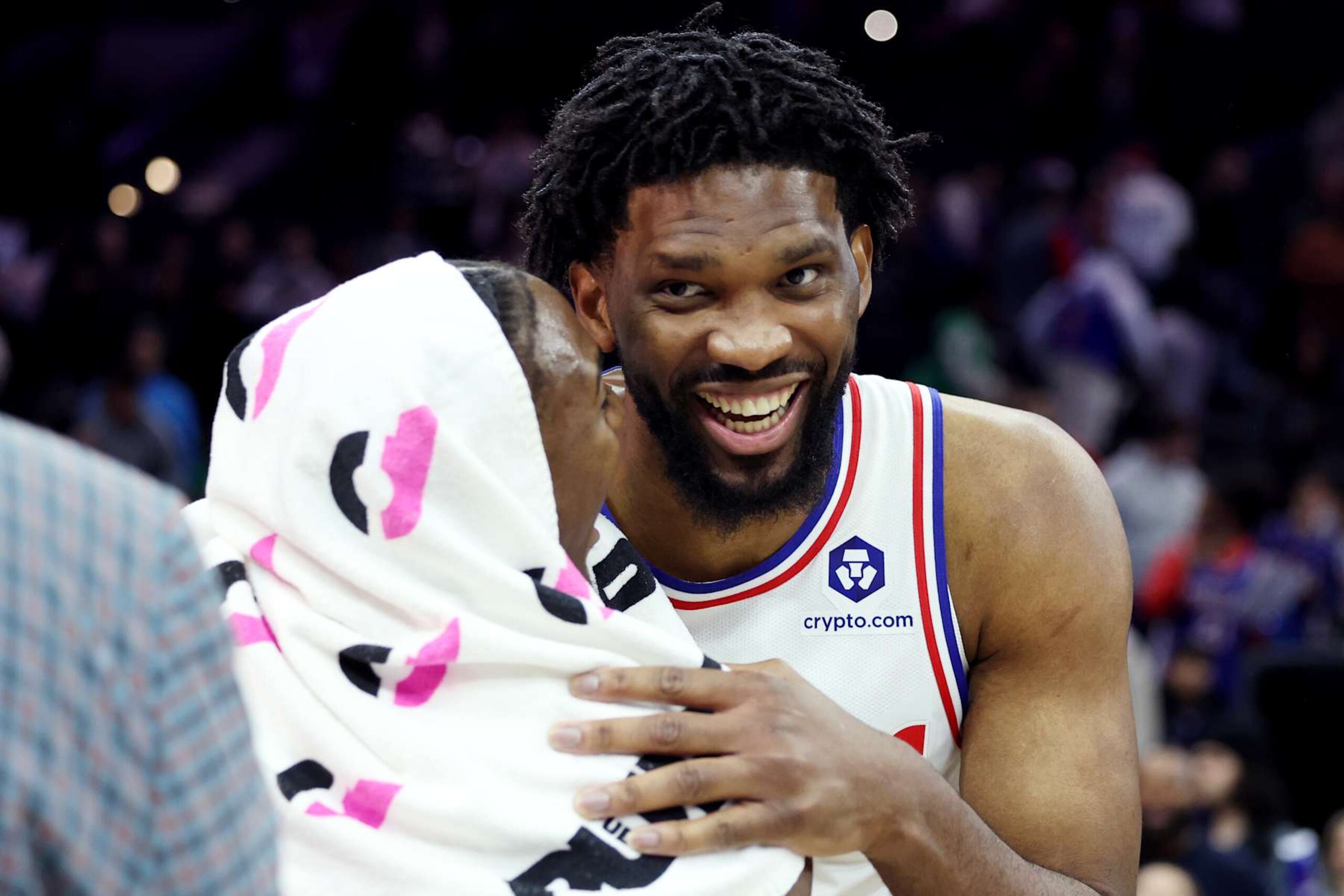 PHILADELPHIA, PENNSYLVANIA - DECEMBER 23: Joel Embiid #21 of the Philadelphia 76ers hugs Tyrese Maxey #0 after a 111-106 win over the San Antonio Spurs at the Wells Fargo Center on December 23, 2024 in Philadelphia, Pennsylvania. NOTE TO USER: User expressly acknowledges and agrees that, by downloading and or using this photograph, User is consenting to the terms and conditions of the Getty Images License Agreement. (Photo by Emilee Chinn/Getty Images) PHILADELPHIA, PENNSYLVANIA - DECEMBER 23: Joel Embiid #21 of the Philadelphia 76ers hugs Tyrese Maxey #0 after a 111-106 win over the San Antonio Spurs at the Wells Fargo Center on December 23, 2024 in Philadelphia, Pennsylvania. NOTE TO USER: User expressly acknowledges and agrees that, by downloading and or using this photograph, User is consenting to the terms and conditions of the Getty Images License Agreement. (Photo by Emilee Chinn/Getty Images)