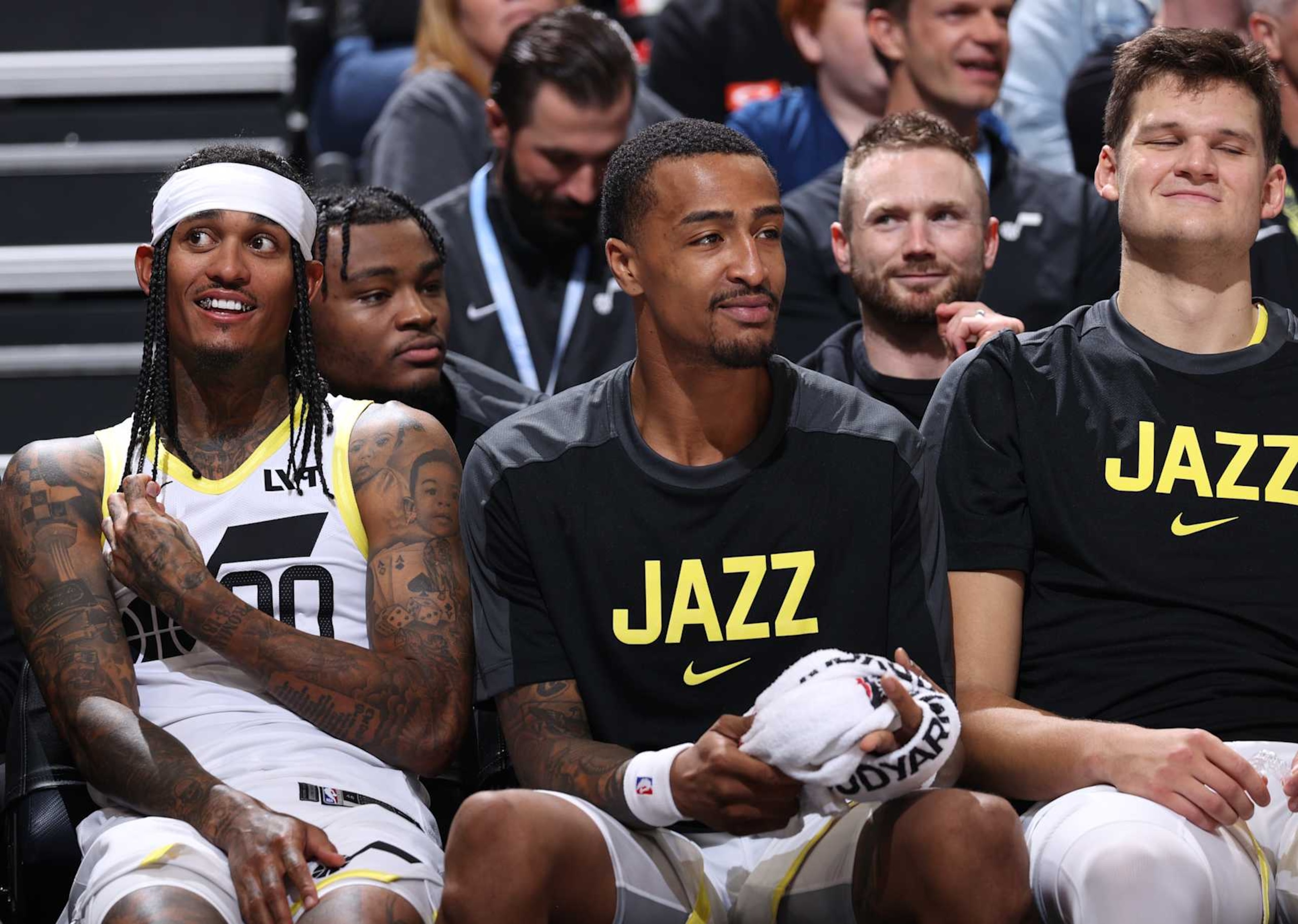 SALT LAKE CITY, UT - OCTOBER 4: Jordan Clarkson #00, John Collins #20, and Walker Kessler #24 laugh on the bench during the game against the New Zealand Breakers during a NBA preseason game on October 4, 2024 at Delta Center in Salt Lake City, Utah. NOTE TO USER: User expressly acknowledges and agrees that, by downloading and or using this Photograph, User is consenting to the terms and conditions of the Getty Images License Agreement. Mandatory Copyright Notice: Copyright 2024 NBAE (Photo by Melissa Majchrzak/NBAE via Getty Images) SALT LAKE CITY, UT - OCTOBER 4: Jordan Clarkson #00, John Collins #20, and Walker Kessler #24 laugh on the bench during the game against the New Zealand Breakers during a NBA preseason game on October 4, 2024 at Delta Center in Salt Lake City, Utah. NOTE TO USER: User expressly acknowledges and agrees that, by downloading and or using this Photograph, User is consenting to the terms and conditions of the Getty Images License Agreement. Mandatory Copyright Notice: Copyright 2024 NBAE (Photo by Melissa Majchrzak/NBAE via Getty Images)