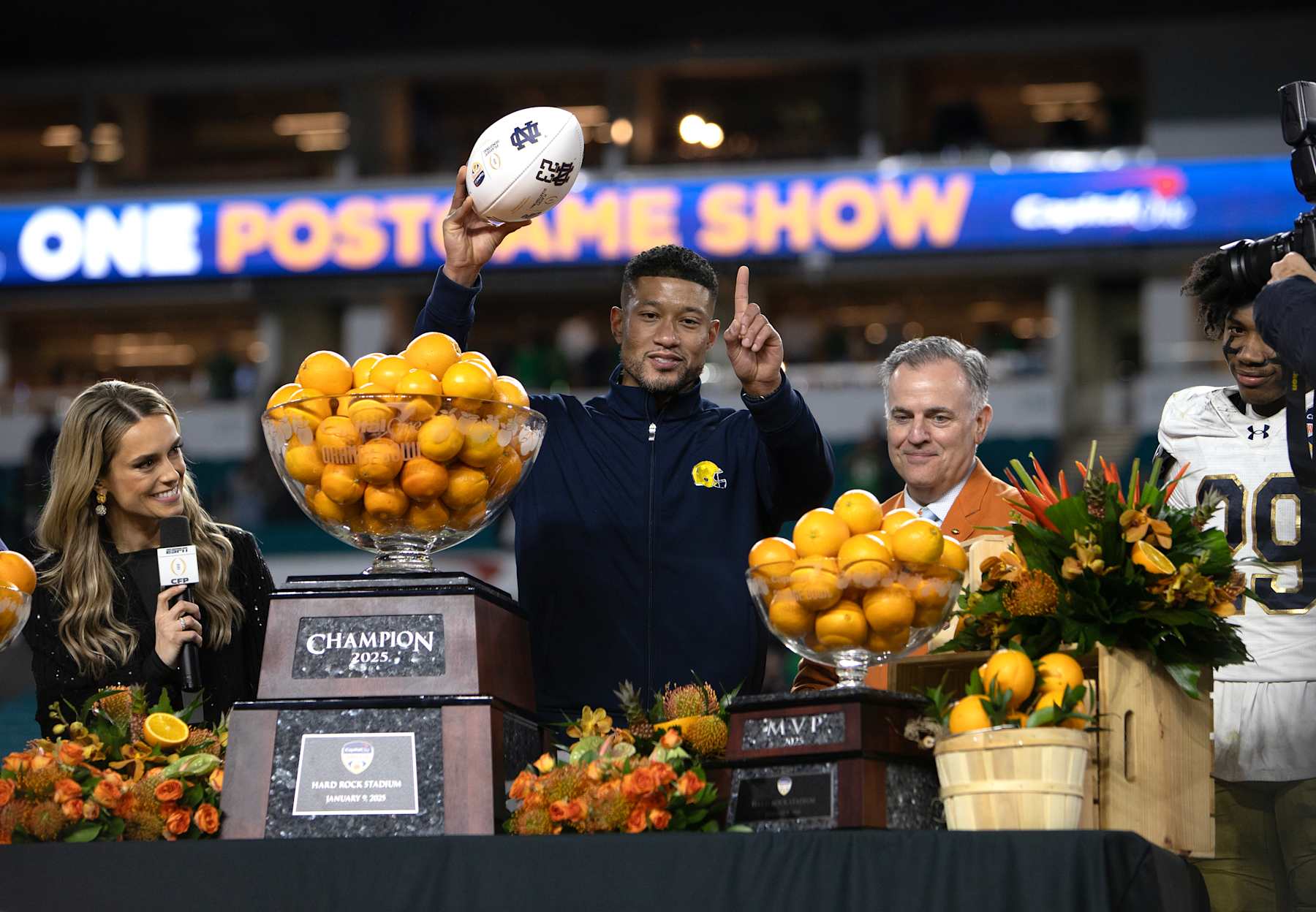 MIAMI GARDENS, FLORIDA - JANUARY 9: Notre Dame Fighting Irish Head Coach Marcus Freeman celebrates with his team after winning the game against Penn State Nittany Lions at Hard Rock Stadium on January 9, 2025 in Miami Gardens, Florida. (Photo by Michael Pimentel/ISI Photos/Getty Images)
