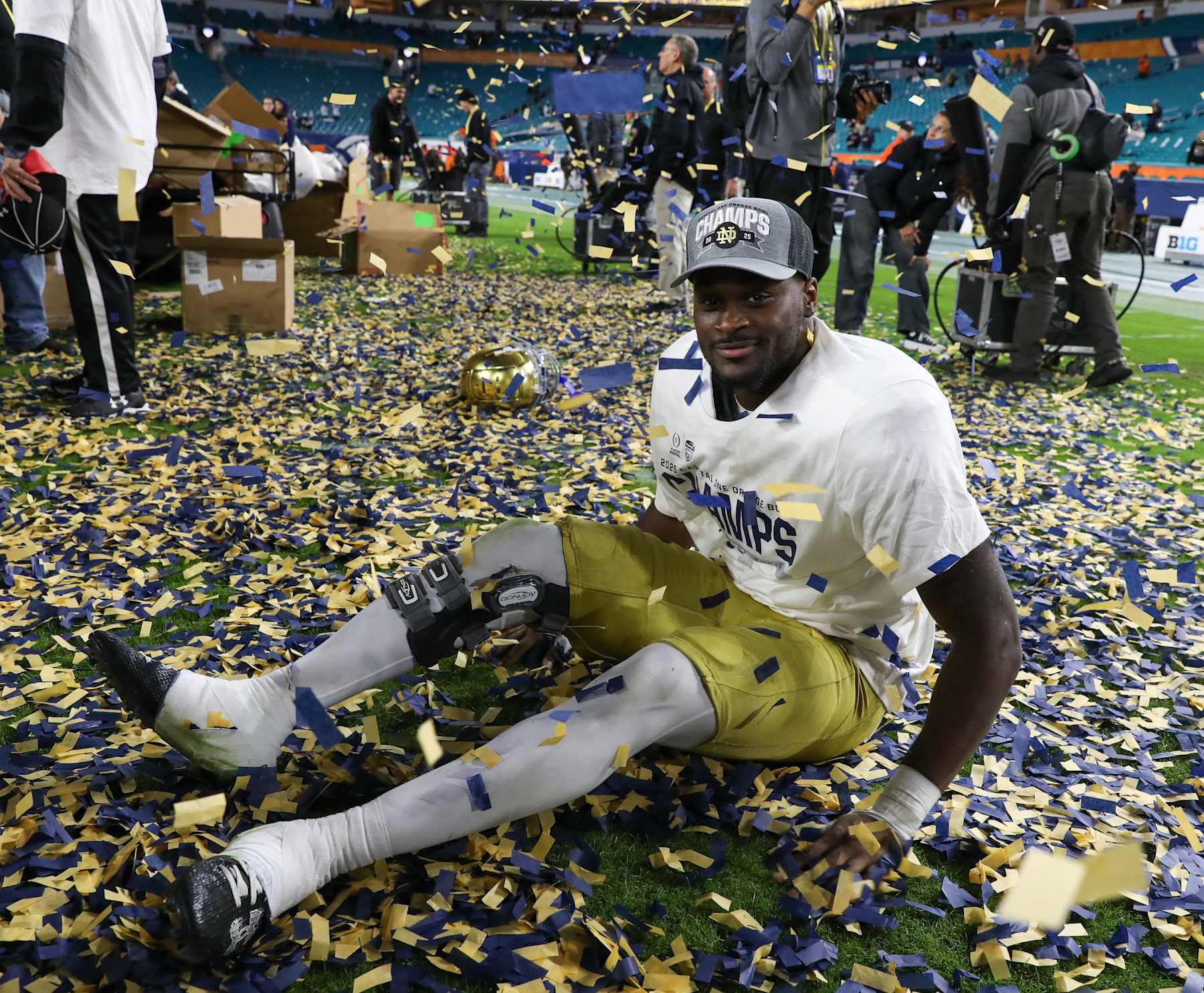 MIAMI GARDENS, FLORIDA - JANUARY 09: Jeremiyah Love #4 of the Notre Dame Fighting Irish poses after defeating the Penn State Nittany Lions 27-24 in the Capital One Orange Bowl at Hard Rock Stadium on January 09, 2025 in Miami Gardens, Florida. (Photo by Thaddaeus McAdams/Getty Images)