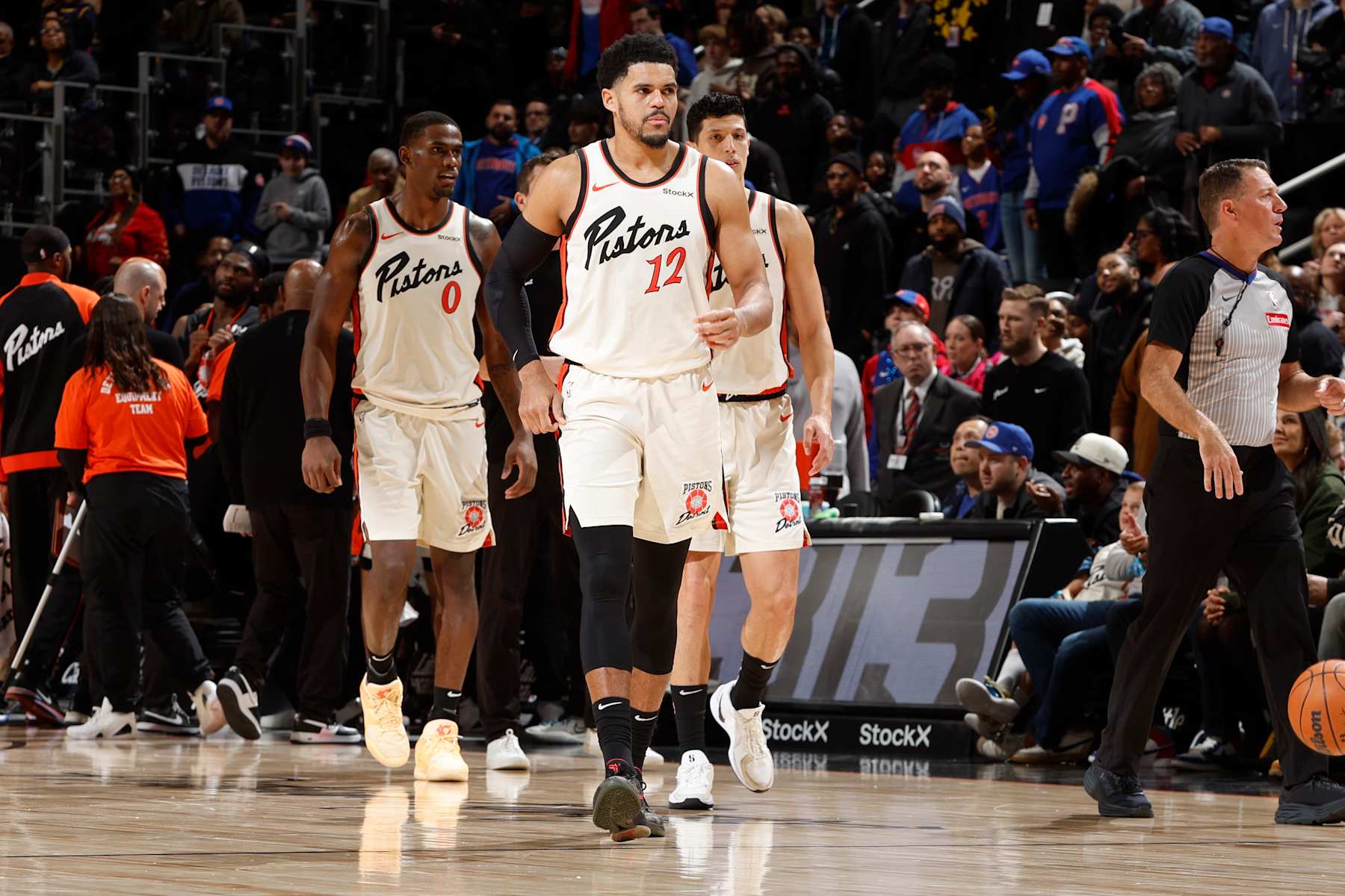 DETROIT, MI - JANUARY 09:  Tobias Harris #12 of the Detroit Pistons looks on during the game against the Golden State Warriors on January 09, 2025 at Little Caesars Arena in Detroit, Michigan. NOTE TO USER: User expressly acknowledges and agrees that, by downloading and/or using this photograph, User is consenting to the terms and conditions of the Getty Images License Agreement. Mandatory Copyright Notice: Copyright 2025 NBAE (Photo by Brian Sevald/NBAE via Getty Images)