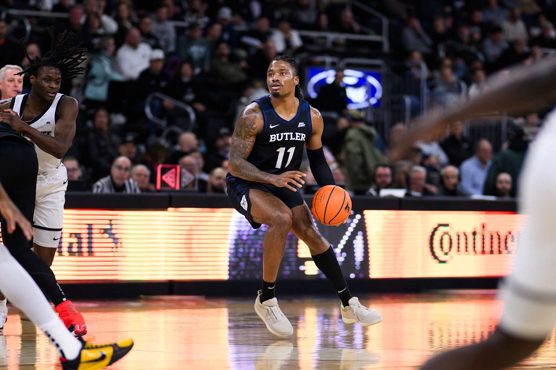 PROVIDENCE, RI - JANUARY 08: Butler Bulldogs forward Jahmyl Telfort (11) shoots a three pointer during the men's college basketball game between the Butler Bulldogs and Providence Friars on January 8, 2025, at Amica Mutual Pavilion in Providence, RI. (Photo by Zach Bolinger/Icon Sportswire via Getty Images)