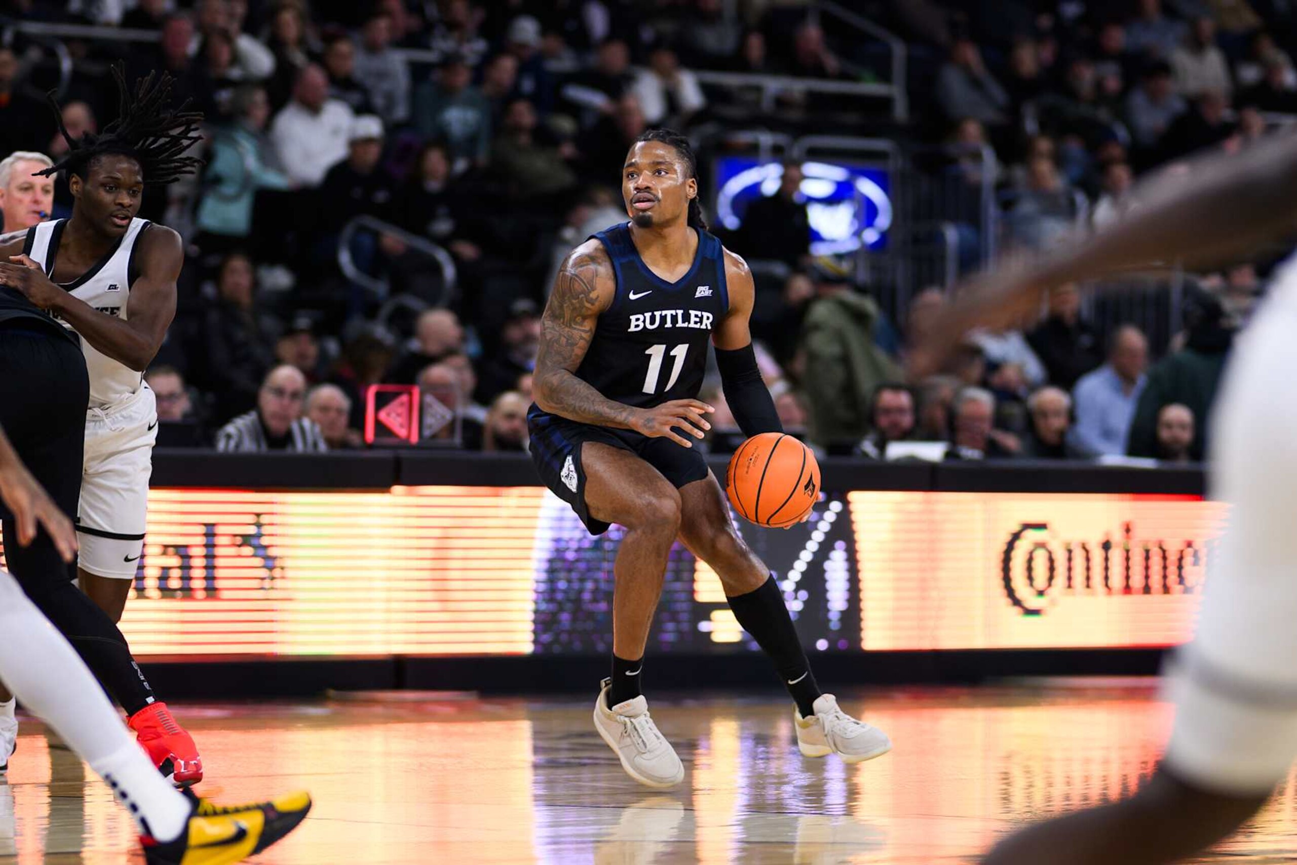 PROVIDENCE, RI - JANUARY 08: Butler Bulldogs forward Jahmyl Telfort (11) shoots a three pointer during the men's college basketball game between the Butler Bulldogs and Providence Friars on January 8, 2025, at Amica Mutual Pavilion in Providence, RI. (Photo by Zach Bolinger/Icon Sportswire via Getty Images)