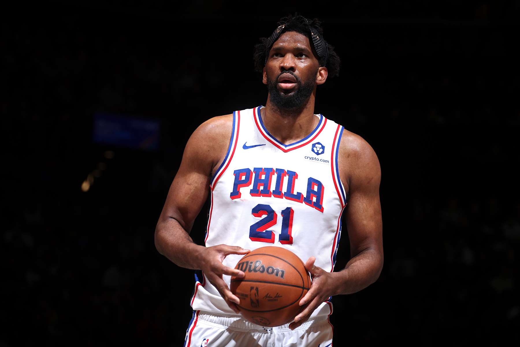 BROOKLYN, NY - JANUARY 4: Joel Embiid #21 of the Philadelphia 76ers looks on during the game against the Brooklyn Nets on January 4, 2025 at Barclays Center in Brooklyn, New York. NOTE TO USER: User expressly acknowledges and agrees that, by downloading and or using this Photograph, user is consenting to the terms and conditions of the Getty Images License Agreement. Mandatory Copyright Notice: Copyright 2025 NBAE (Photo by Nathaniel S. Butler/NBAE via Getty Images)