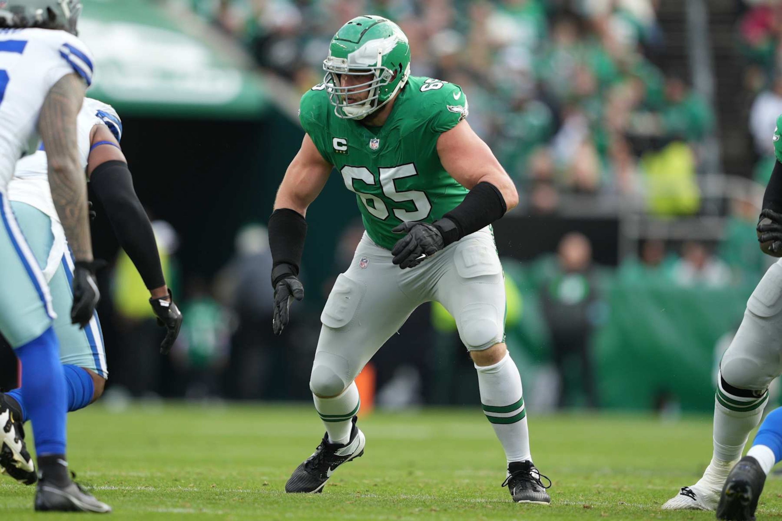 PHILADELPHIA, PA - DECEMBER 29: Philadelphia Eagles offensive tackle Lane Johnson (65) sets up to block during the game between the Philadelphia Eagles and the Dallas Cowboys on December 29, 2024 at Lincoln Financial Field in Philadelphia, PA.(Photo by Andy Lewis/Icon Sportswire via Getty Images)