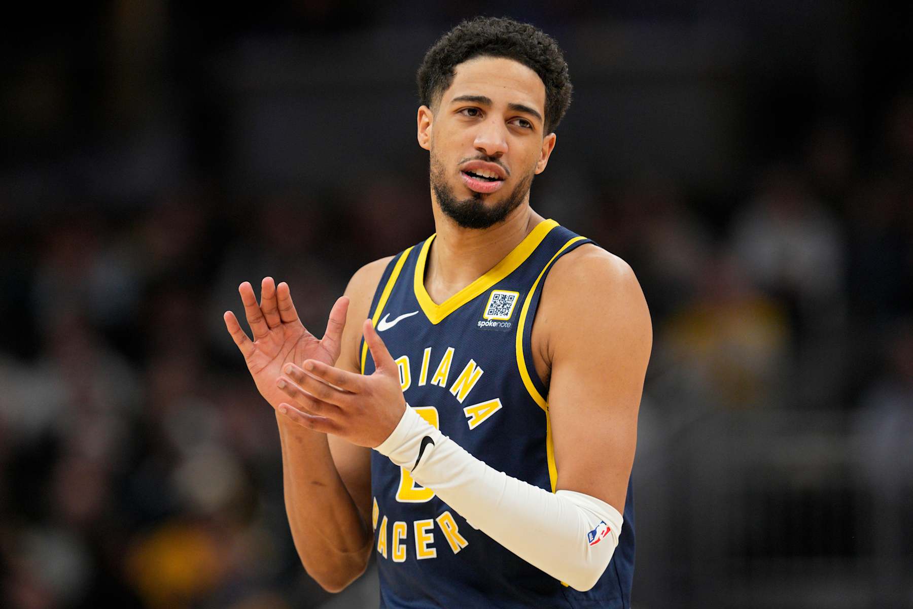 INDIANAPOLIS, INDIANA - JANUARY 08: Tyrese Haliburton #0 of the Indiana Pacers reacts during the second half of an NBA basketball game against the Chicago Bulls at Gainbridge Fieldhouse on January 08, 2025 in Indianapolis, Indiana. NOTE TO USER: User expressly acknowledges and agrees that, by downloading and or using this Photograph, user is consenting to the terms and conditions of the Getty Images License Agreement. (Photo by Jeff Dean/Getty Images)