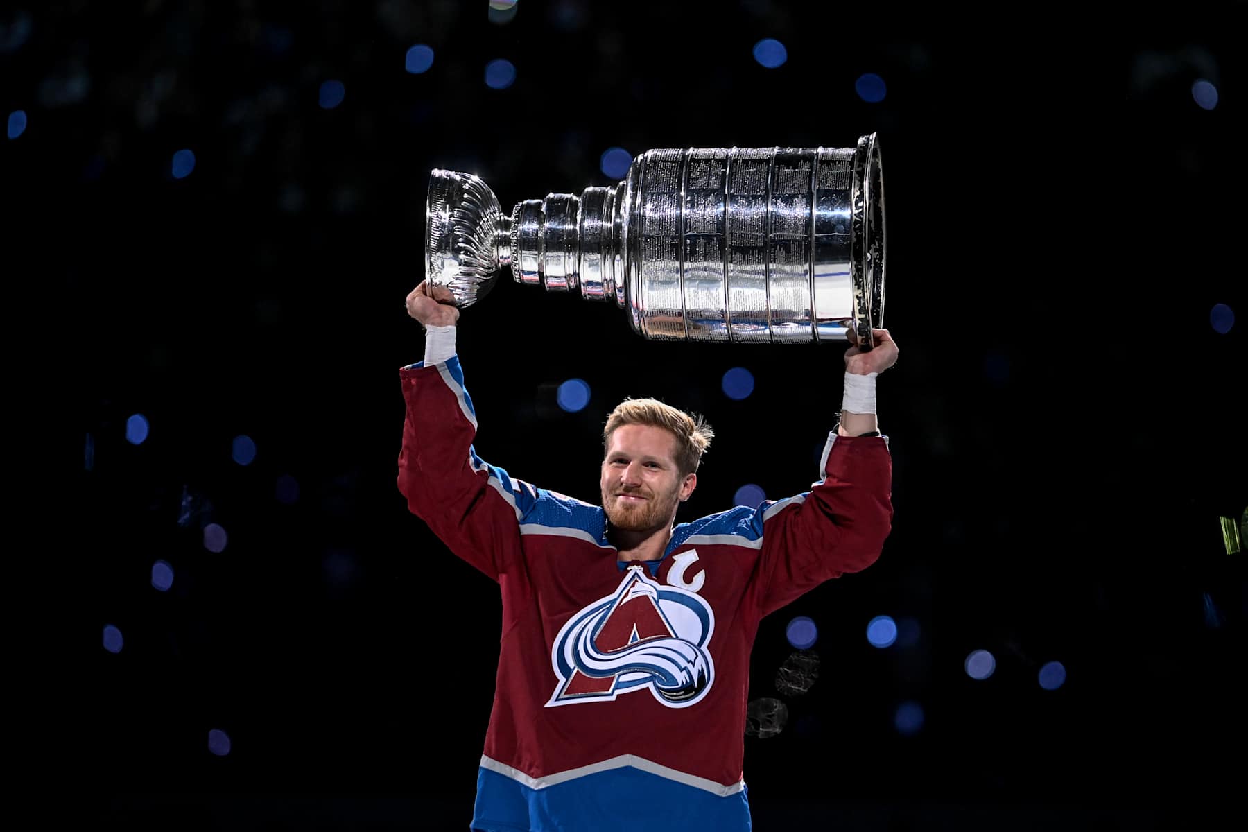 DENVER, CO - OCTOBER 12: Gabriel Landeskog (92) of the Colorado Avalanche hoists the Stanley Cup during a championship celebration before the first period against the Chicago Blackhawks at Ball Arena in Denver on Wednesday, October 12, 2022. (Photo by AAron Ontiveroz/MediaNews Group/The Denver Post via Getty Images)