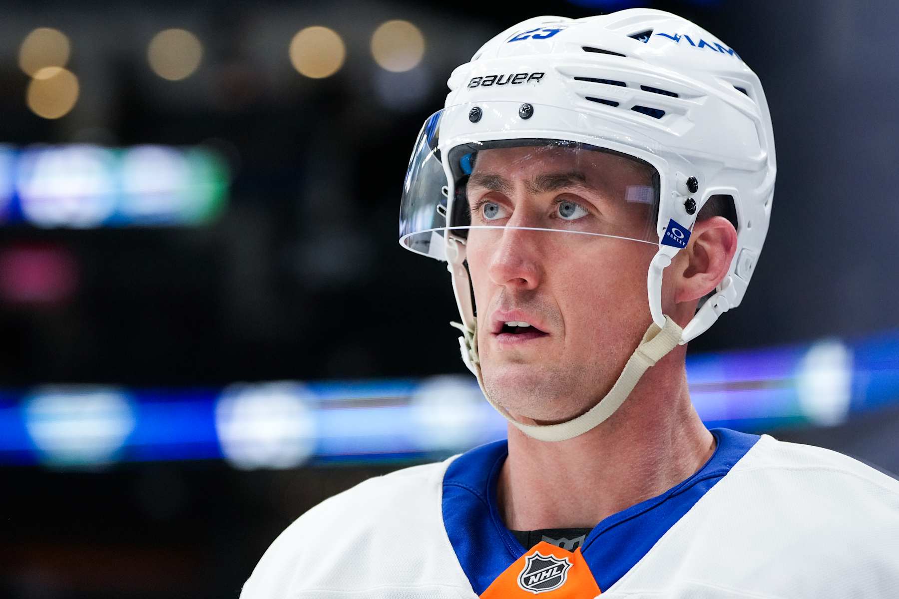 TORONTO, CANADA - DECEMBER 31: Brock Nelson #29 of the New York Islanders looks on during warmups against the Toronto Maple Leafs at Scotiabank Arena on December 31, 2024 in Toronto, Ontario, Canada. (Photo by Michael Chisholm/NHLI via Getty Images)