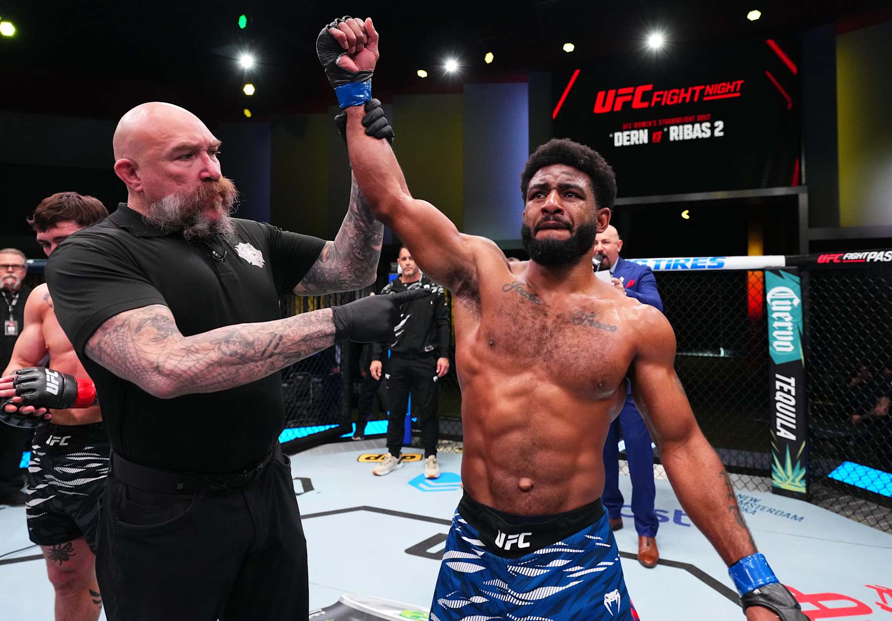 LAS VEGAS, NEVADA - JANUARY 11: Jacobe Smith reacts after a knockout victory against Preston Parsons in a welterweight fight during the UFC Fight Night event at UFC APEX on January 11, 2025 in Las Vegas, Nevada. (Photo by Chris Unger/Zuffa LLC via Getty Images)