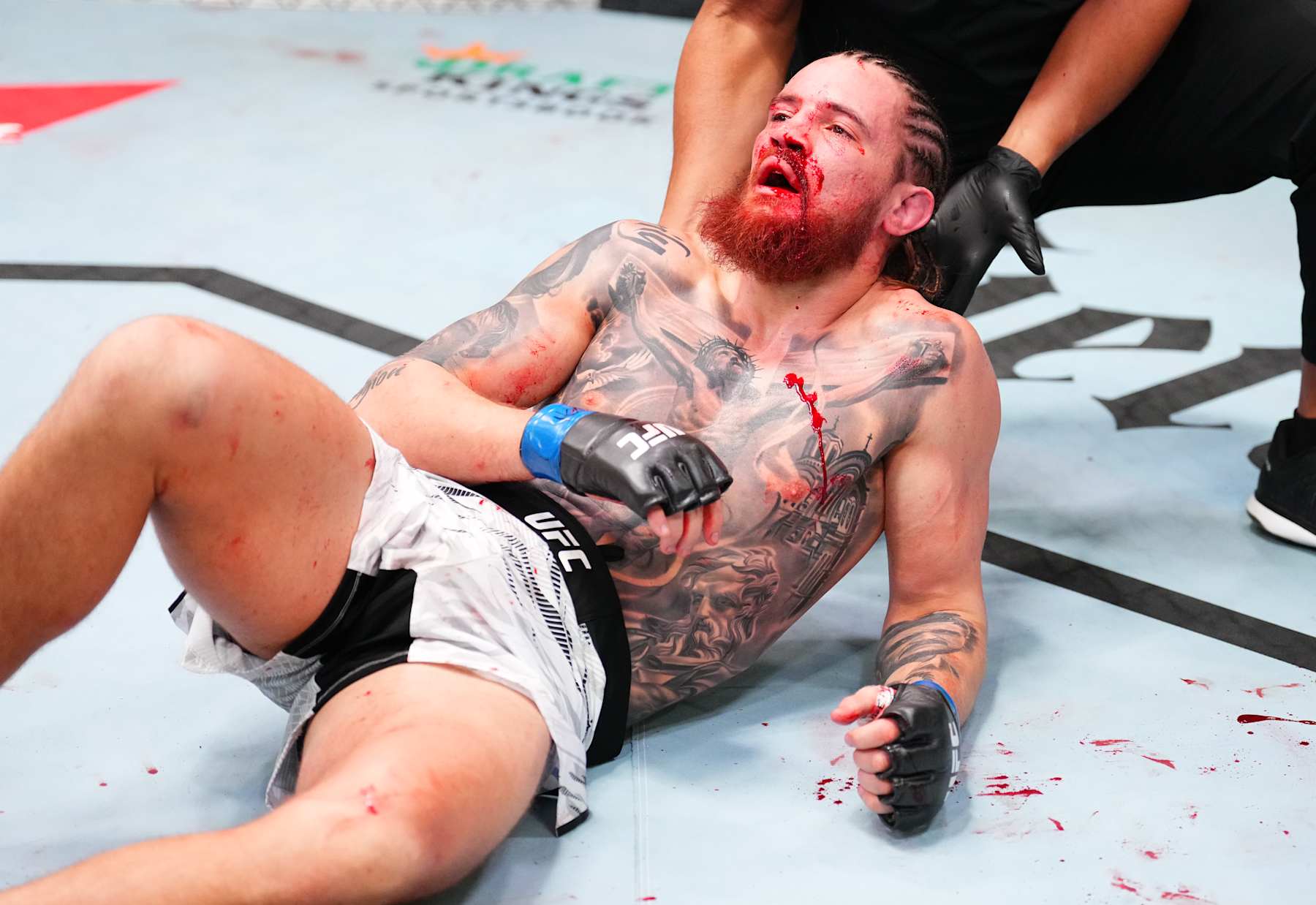 LAS VEGAS, NEVADA - JANUARY 11: Ihor Potieria of Ukraine reacts after a knockout loss against Marco Tulio of Brazil in a middleweight fight during the UFC Fight Night event at UFC APEX on January 11, 2025 in Las Vegas, Nevada. (Photo by Chris Unger/Zuffa LLC via Getty Images)