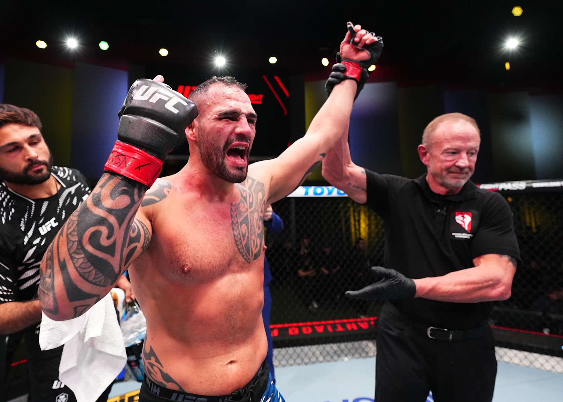 LAS VEGAS, NEVADA - JANUARY 11: Santiago Ponzinibbio of Argentina reacts after a knockout victory against Carlston Harris of Guyana in a welterweight fight during the UFC Fight Night event at UFC APEX on January 11, 2025 in Las Vegas, Nevada. (Photo by Chris Unger/Zuffa LLC via Getty Images)