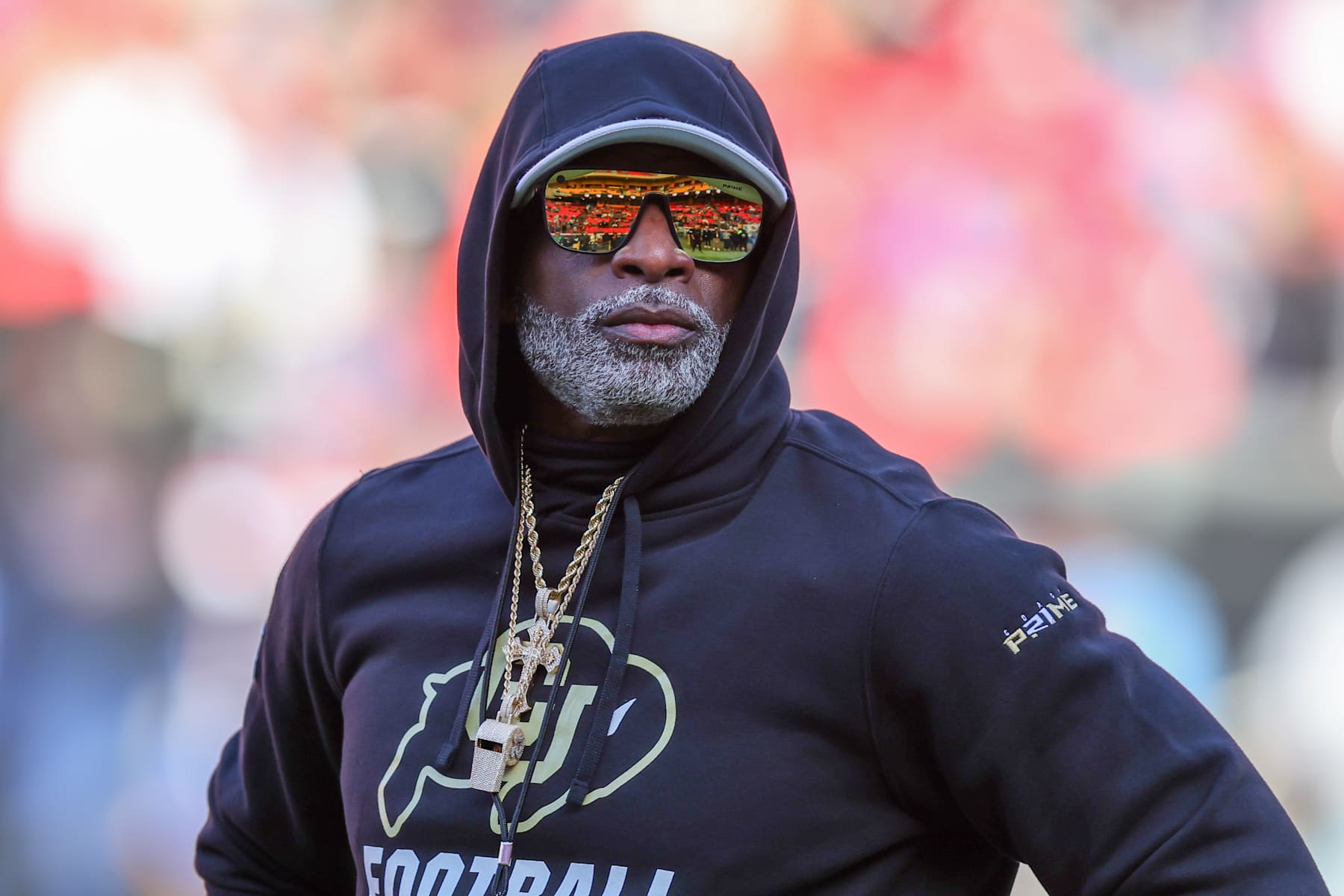 KANSAS CITY, MO - NOVEMBER 23: Colorado Buffaloes head coach Deion Sanders before a Big 12 game between the Colorado Buffaloes and Kansas Jayhawks on November 23, 2024 at GEHA Field at Arrowhead Stadium in Kansas City, MO. (Photo by Scott Winters/Icon Sportswire via Getty Images)