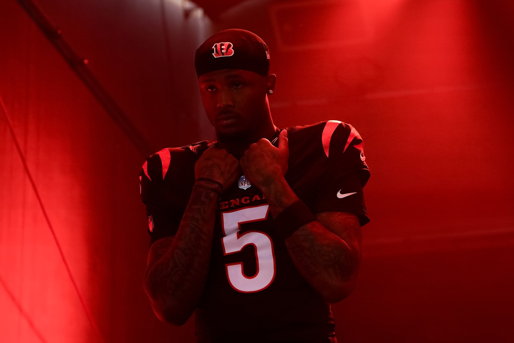 CINCINNATI, OHIO - DECEMBER 28: Tee Higgins #5 of the Cincinnati Bengals waits to be introduced before the game against the Denver Broncos at Paycor Stadium on December 28, 2024 in Cincinnati, Ohio. (Photo by Dylan Buell/Getty Images)