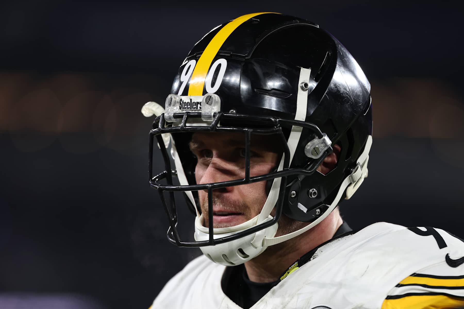 BALTIMORE, MARYLAND - JANUARY 11: T.J. Watt #90 of the Pittsburgh Steelers looks on during the second quarter against the Baltimore Ravens during the AFC Wild Card Playoff at M&T Bank Stadium on January 11, 2025 in Baltimore, Maryland. (Photo by Scott Taetsch/Getty Images)