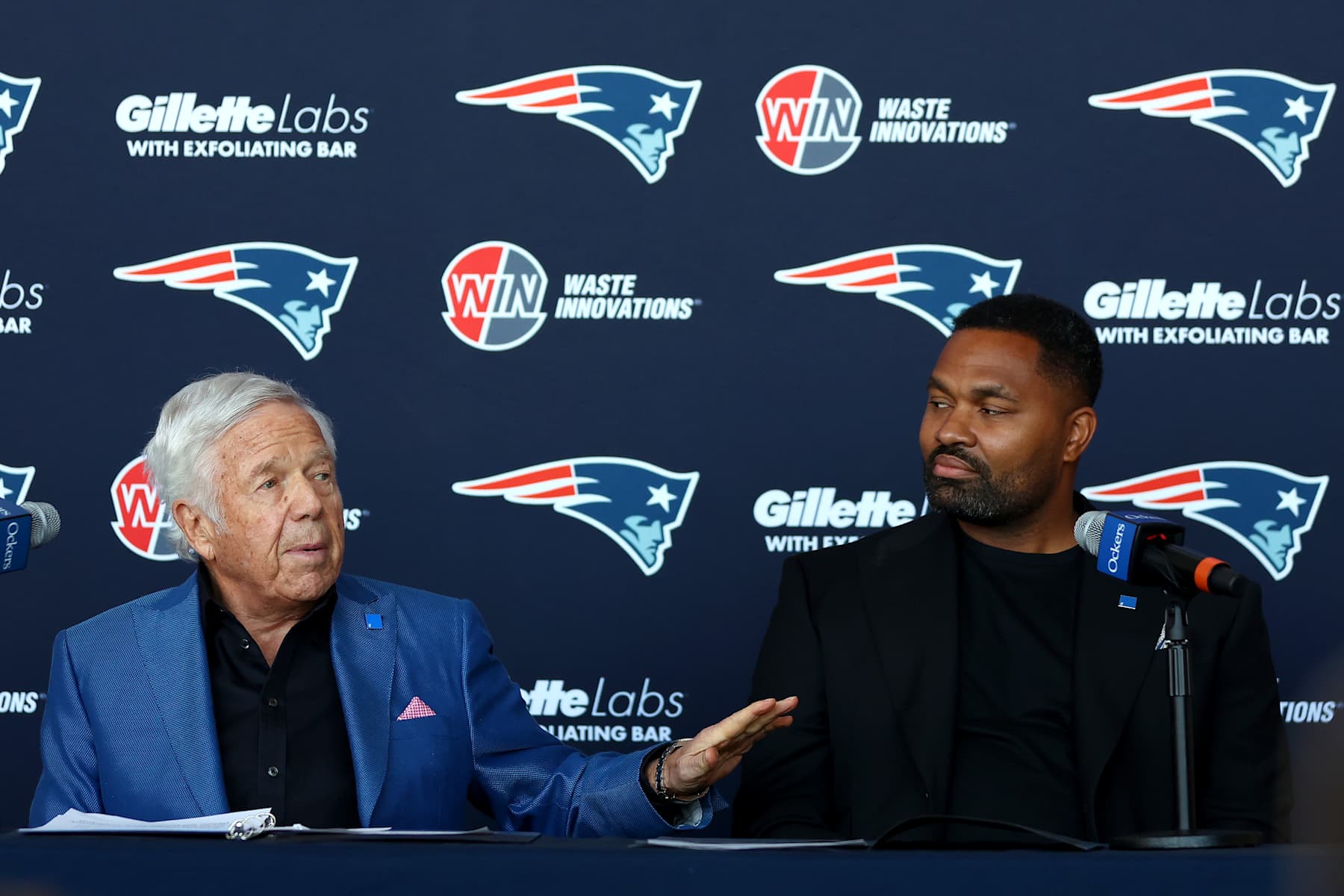 FOXBOROUGH, MASSACHUSETTS - JANUARY 17: (L-R) Owner Robert Kraft and newly appointed head coach Jerod Mayo of the New England Patriots speak to the media during a press conference at Gillette Stadium on January 17, 2024 in Foxborough, Massachusetts. (Photo by Maddie Meyer/Getty Images)