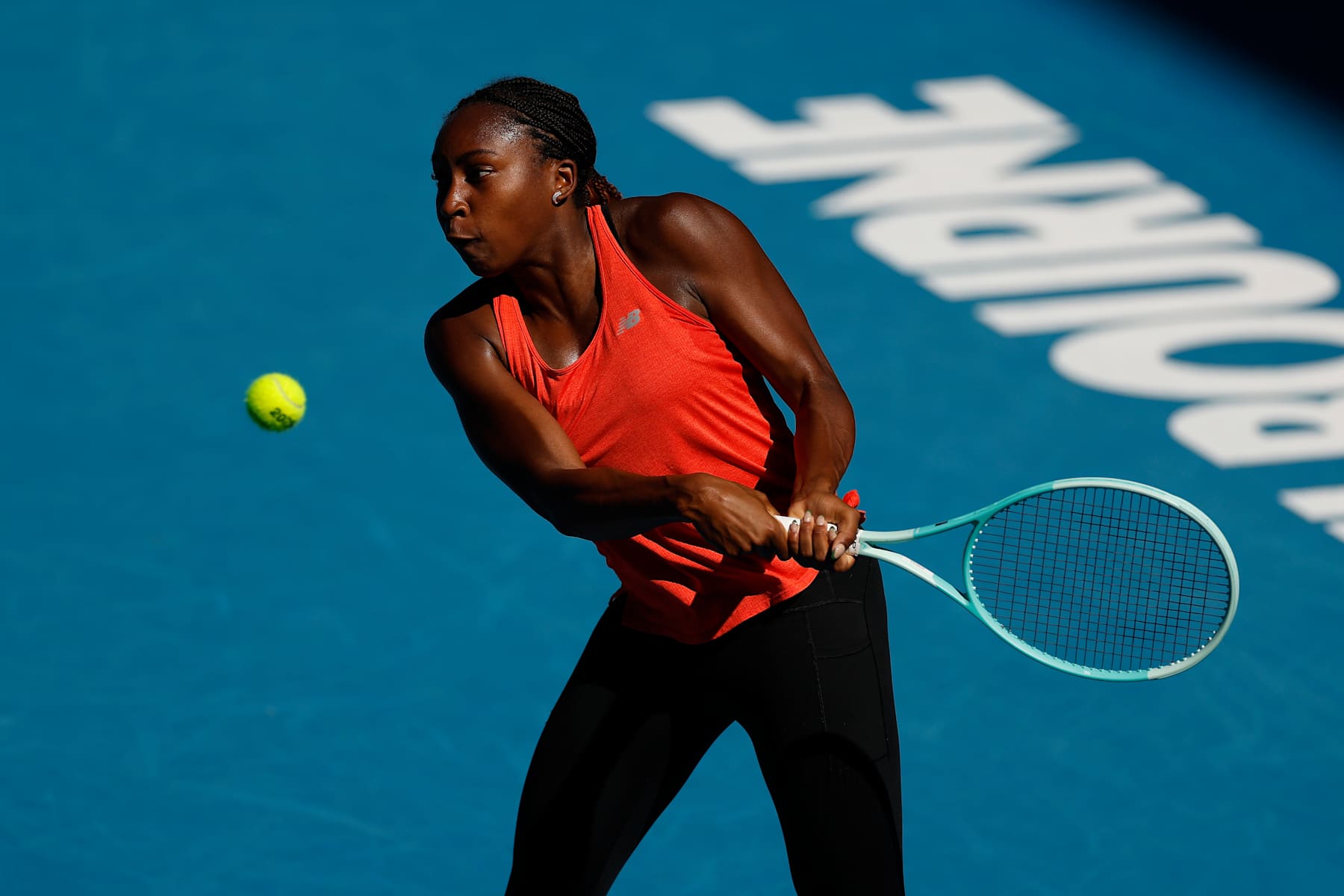 MELBOURNE, AUSTRALIA - JANUARY 11: Coco Gauff of the United States plays a backhand ahead of the 2025 Australian Open at Melbourne Park on January 11, 2025 in Melbourne, Australia. (Photo by Daniel Pockett/Getty Images)