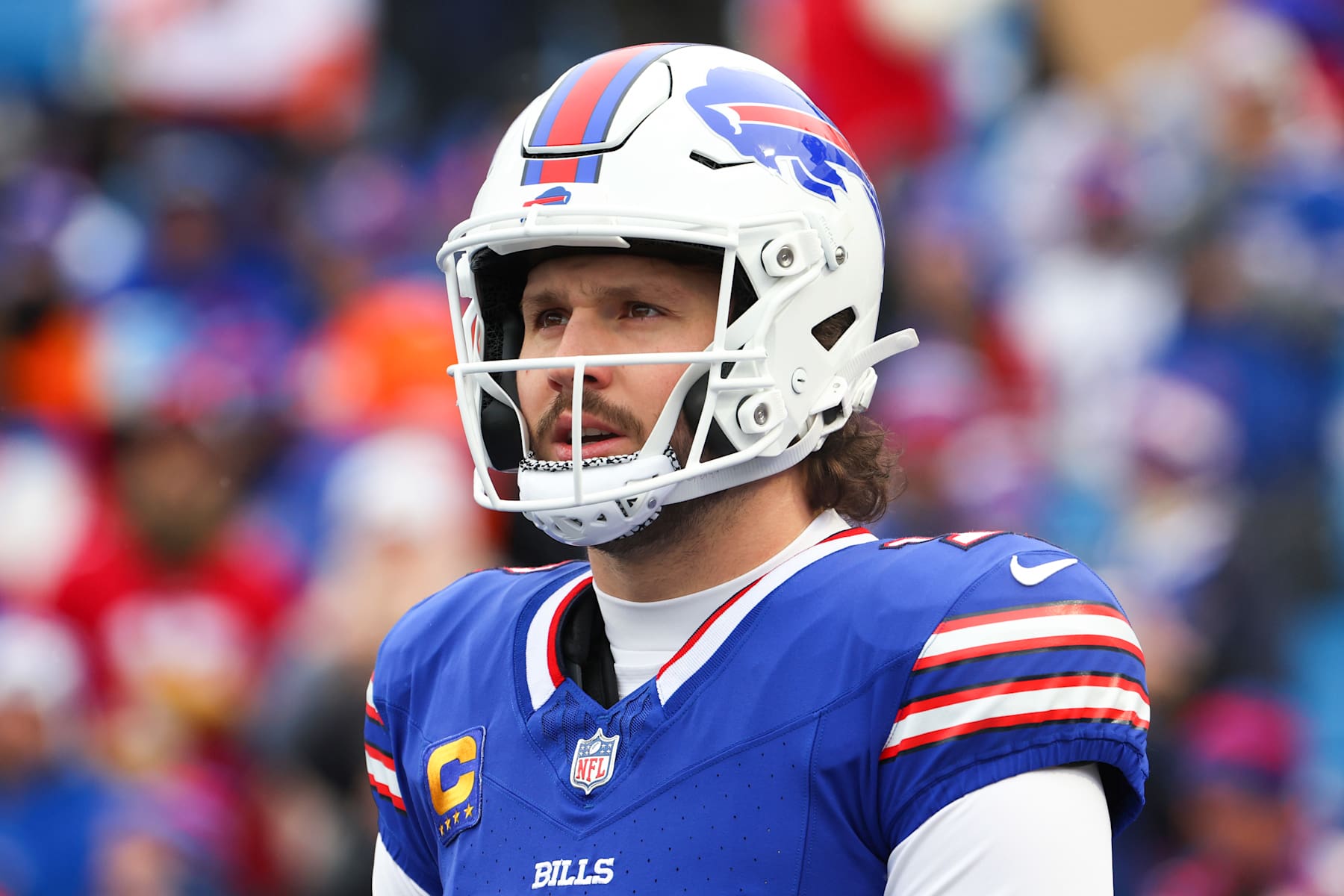 ORCHARD PARK, NEW YORK - JANUARY 12: Josh Allen #17 of the Buffalo Bills warms up prior to playing the Denver Broncos during the AFC Wild Card Playoffs at Highmark Stadium on January 12, 2025 in Orchard Park, New York. (Photo by Timothy T Ludwig/Getty Images)