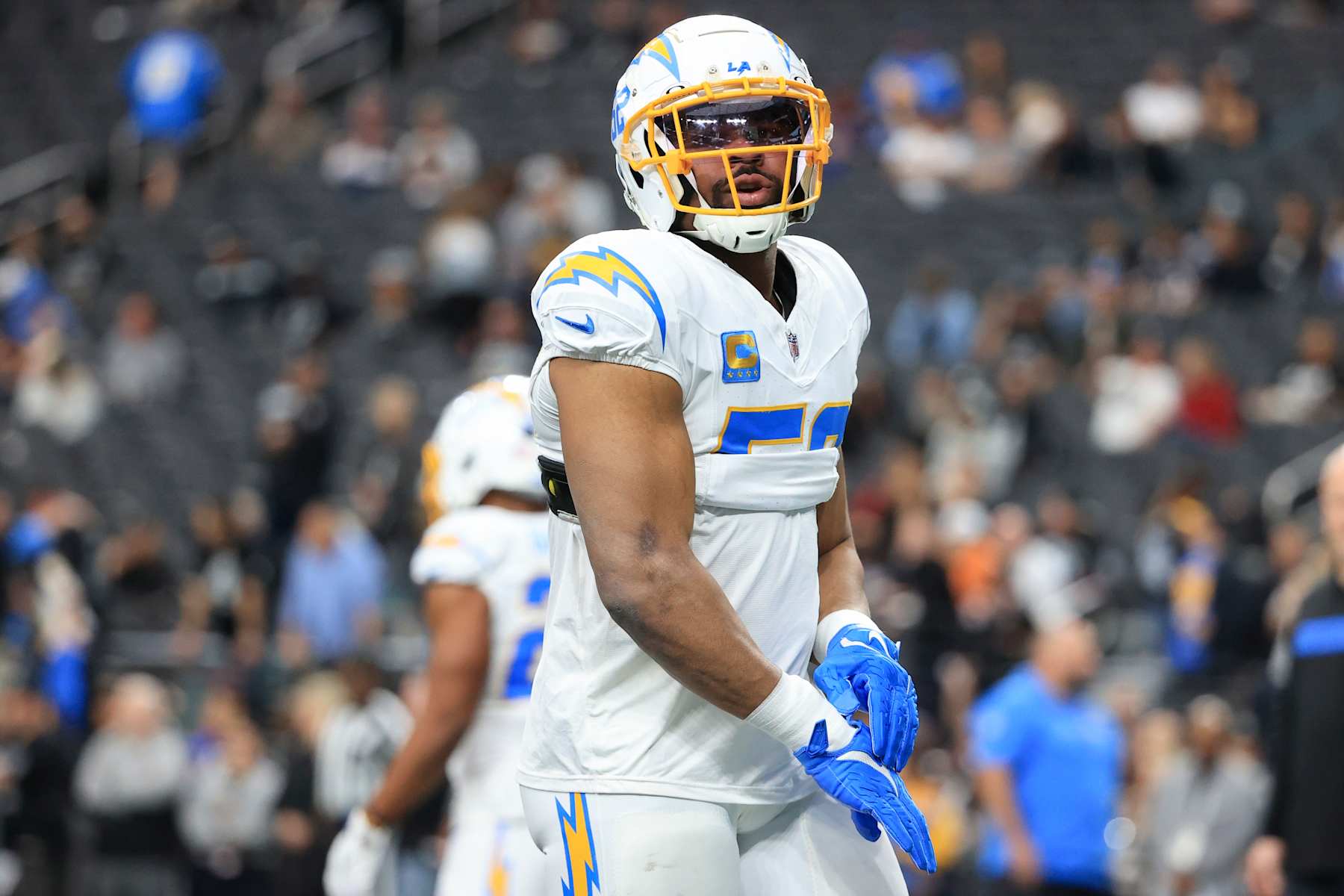 LAS VEGAS, NEVADA - JANUARY 05: Khalil Mack #52 of the Los Angeles Chargers looks on prior to a game against the Las Vegas Raiders at Allegiant Stadium on January 05, 2025 in Las Vegas, Nevada. (Photo by Ian Maule/Getty Images)