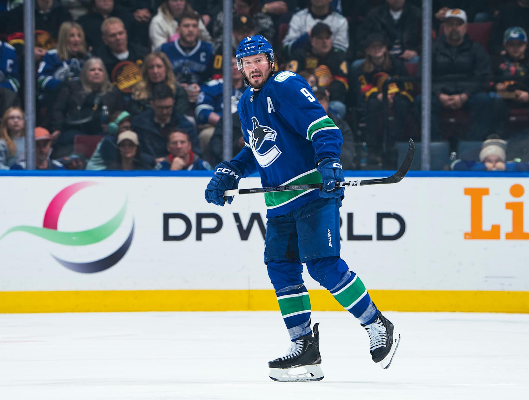 VANCOUVER, CANADA - JANUARY 3: J.T. Miller #9 of the Vancouver Canucks skates up ice during their NHL game against the Nashville Predators at Rogers Arena on January 3, 2025 in Vancouver, British Columbia, Canada. (Photo by Jeff Vinnick/NHLI via Getty Images)