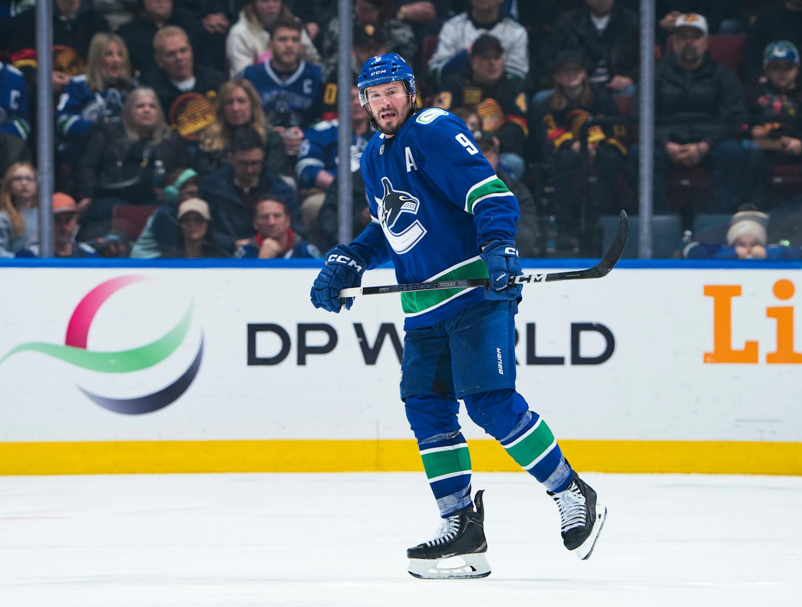 VANCOUVER, CANADA - JANUARY 3: J.T. Miller #9 of the Vancouver Canucks skates up ice during their NHL game against the Nashville Predators at Rogers Arena on January 3, 2025 in Vancouver, British Columbia, Canada.  (Photo by Jeff Vinnick/NHLI via Getty Images)