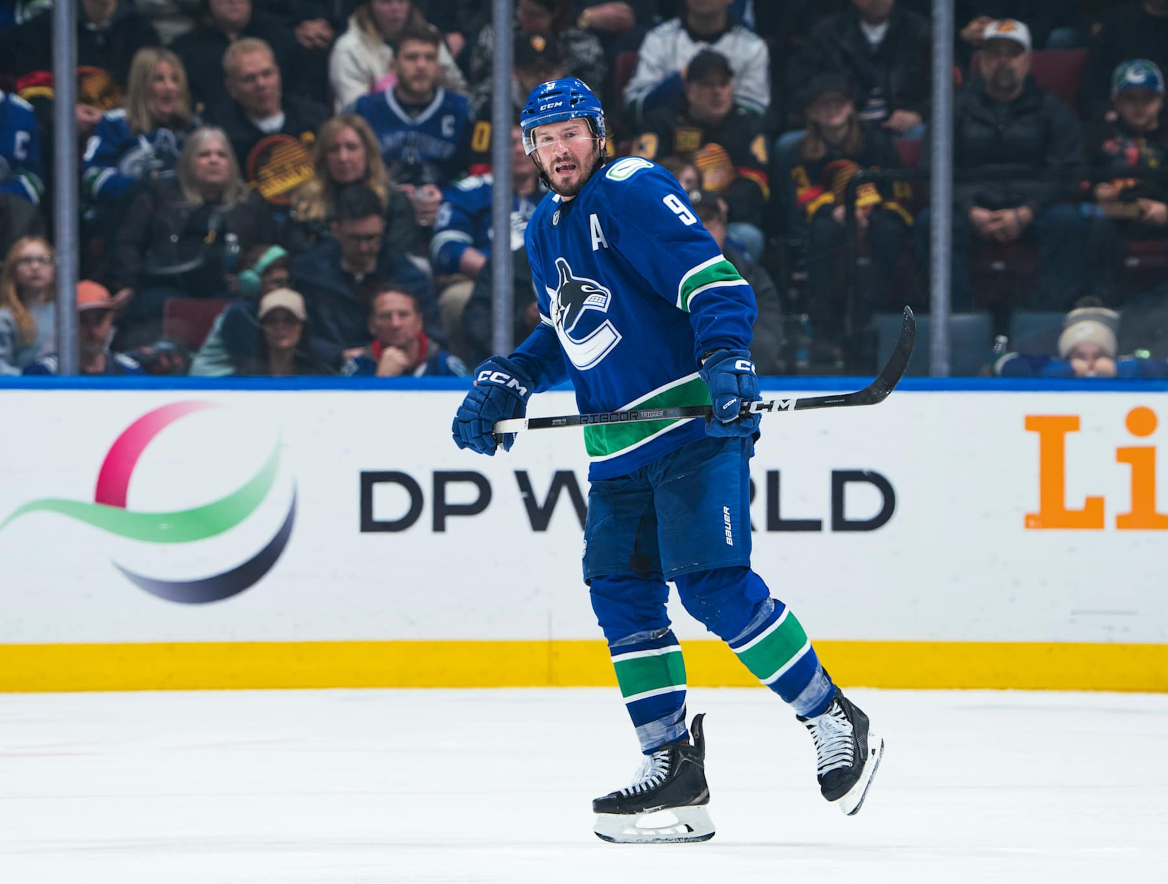 VANCOUVER, CANADA - JANUARY 3: J.T. Miller #9 of the Vancouver Canucks skates up ice during their NHL game against the Nashville Predators at Rogers Arena on January 3, 2025 in Vancouver, British Columbia, Canada.  (Photo by Jeff Vinnick/NHLI via Getty Images)