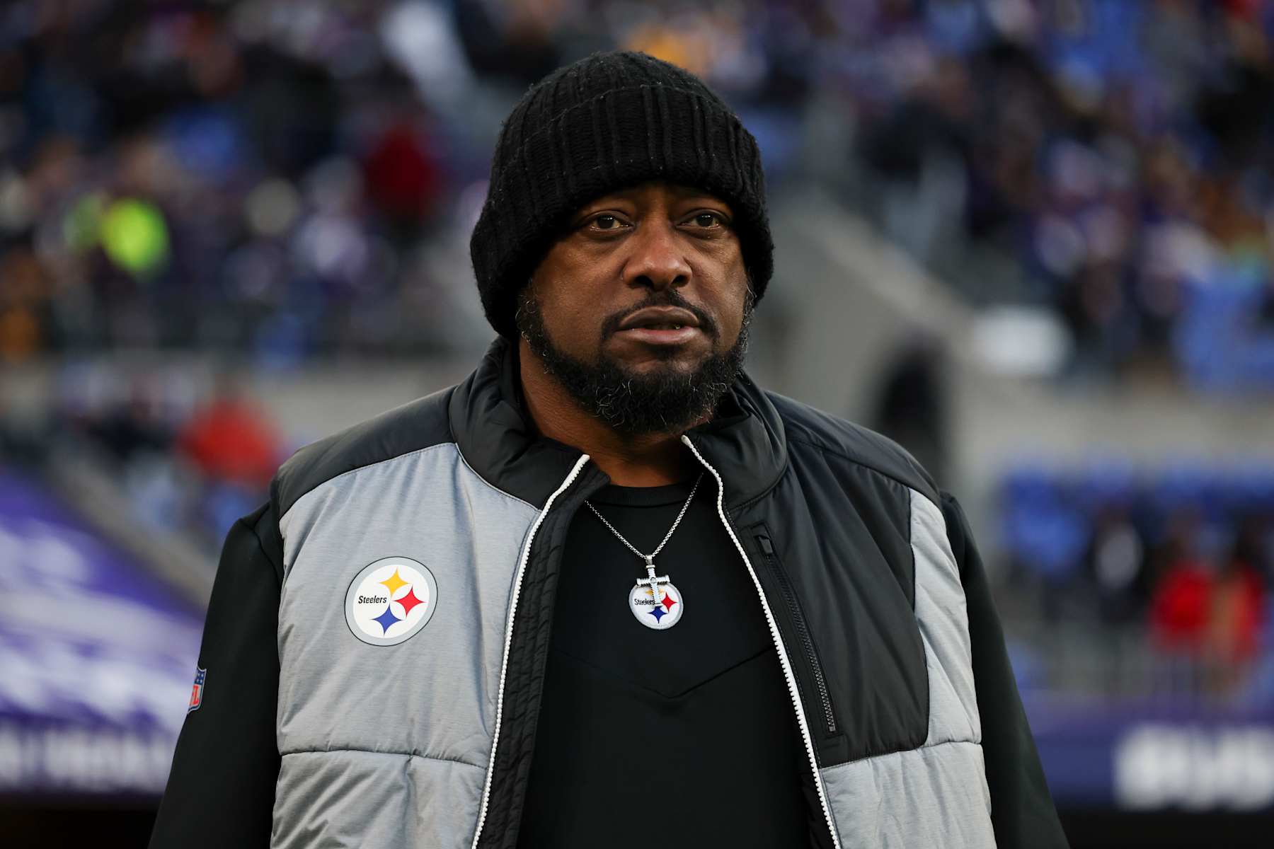 BALTIMORE, MARYLAND - DECEMBER 21: Head coach Mike Tomlin of the Pittsburgh Steelers walks onto the field prior to a game against the Baltimore Ravens at M&T Bank Stadium on December 21, 2024 in Baltimore, Maryland. The Ravens defeated the Steelers 34-17. (Kara Durrette/Getty Images)