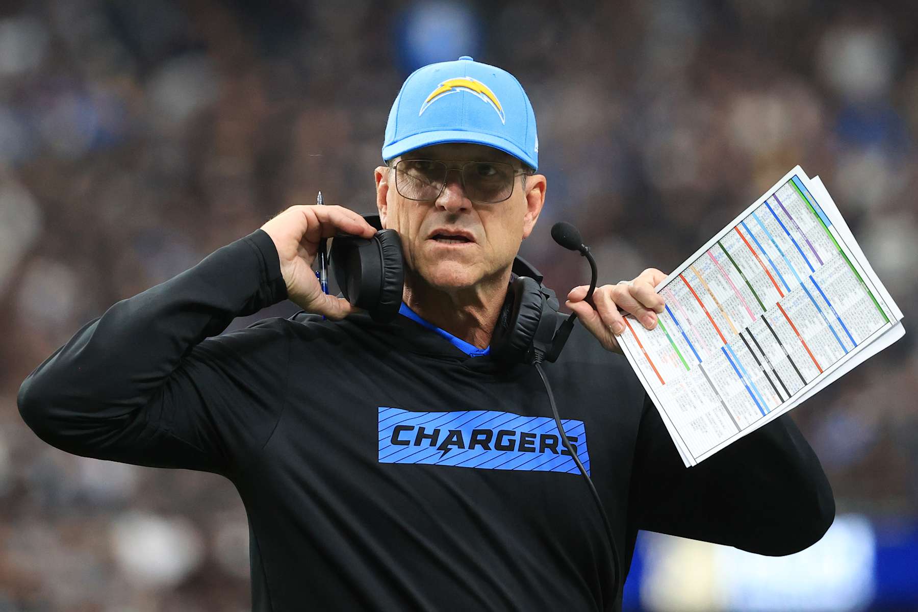 LAS VEGAS, NEVADA - JANUARY 05: Head coach Jim Harbaugh of the Los Angeles Chargers looks on during a timeout against the Las Vegas Raiders during the first quarter at Allegiant Stadium on January 05, 2025 in Las Vegas, Nevada. (Photo by Ian Maule/Getty Images)