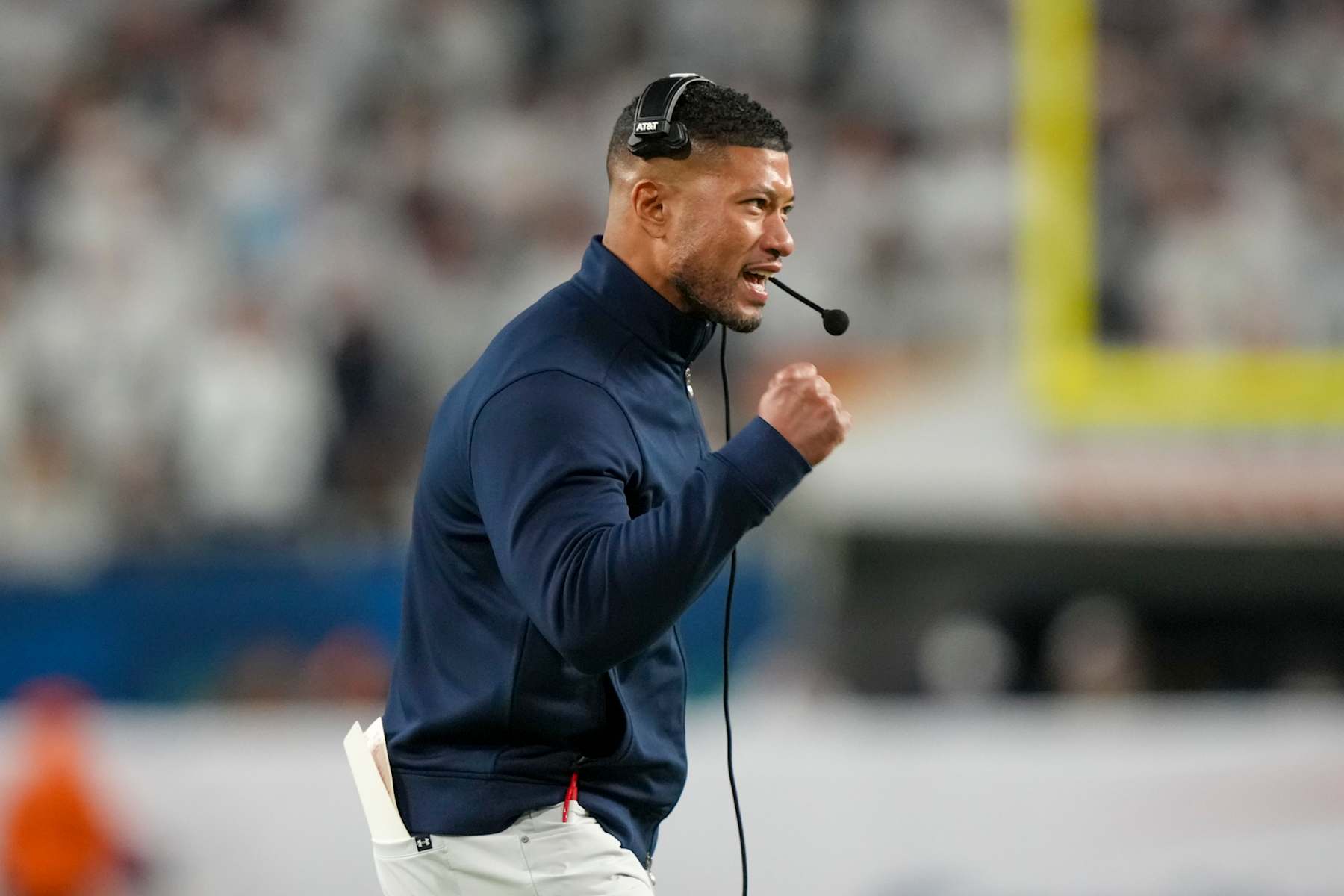 MIAMI GARDENS, FLORIDA - JANUARY 9: Head coach Marcus Freeman of the Notre Dame Fighting Irish reacts after a touchdown in the second half against the Penn State Nittany Lions in the 2025 Orange Bowl at Hard Rock Stadium on January 9, 2025 in Miami Gardens, Florida. (Photo by CFP/Getty Images)
