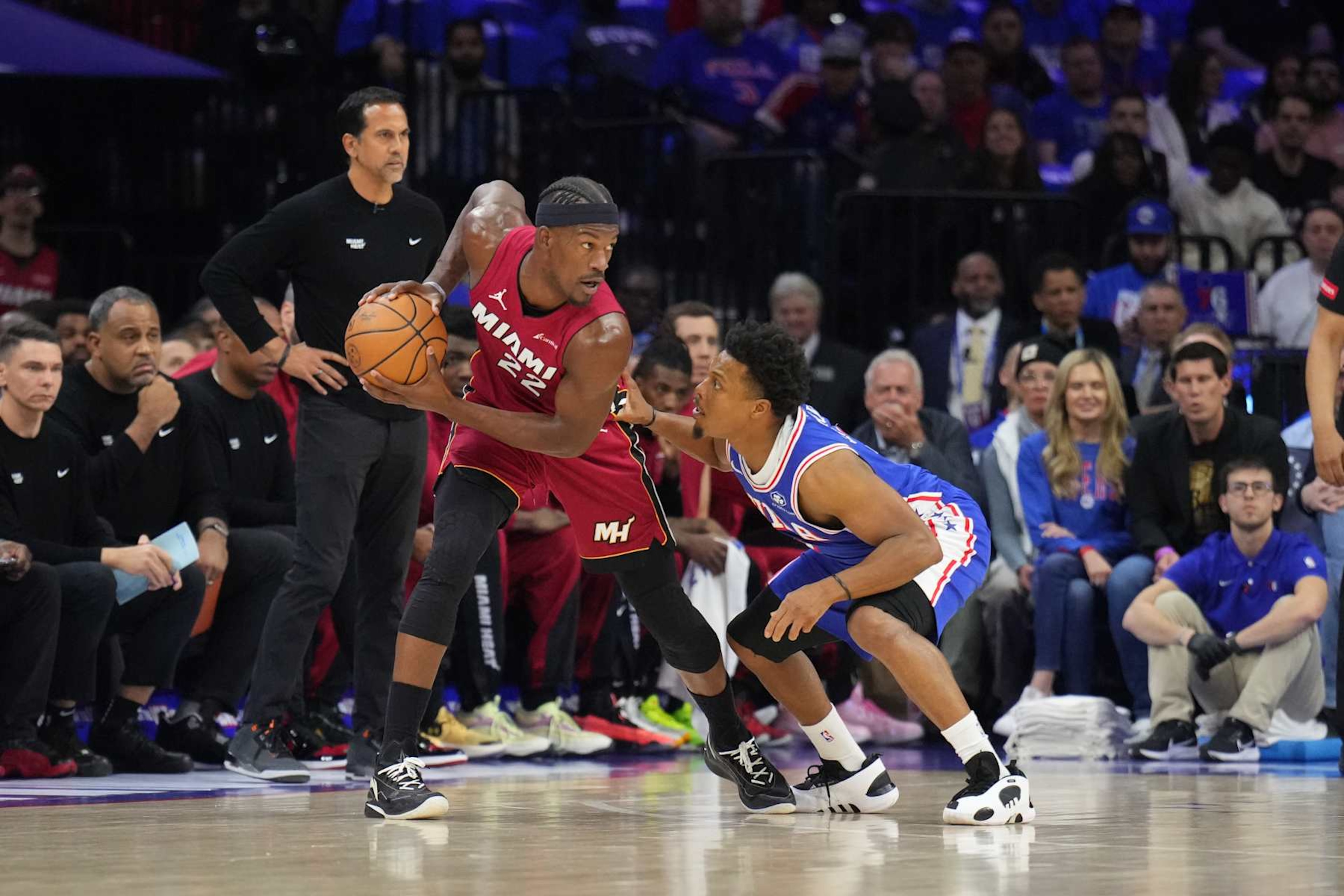 PHILADELPHIA, PA - APRIL 17: Jimmy Butler #22 of the Miami Heat handles the ball during the game against the Philadelphia 76ers during the 2024 NBA Play-In Tournament on April 17, 2024 at the Wells Fargo Center in Philadelphia, Pennsylvania NOTE TO USER: User expressly acknowledges and agrees that, by downloading and/or using this Photograph, user is consenting to the terms and conditions of the Getty Images License Agreement. Mandatory Copyright Notice: Copyright 2024 NBAE (Photo by Jesse D. Garrabrant/NBAE via Getty Images) PHILADELPHIA, PA - APRIL 17: Jimmy Butler #22 of the Miami Heat handles the ball during the game against the Philadelphia 76ers during the 2024 NBA Play-In Tournament on April 17, 2024 at the Wells Fargo Center in Philadelphia, Pennsylvania NOTE TO USER: User expressly acknowledges and agrees that, by downloading and/or using this Photograph, user is consenting to the terms and conditions of the Getty Images License Agreement. Mandatory Copyright Notice: Copyright 2024 NBAE (Photo by Jesse D. Garrabrant/NBAE via Getty Images)