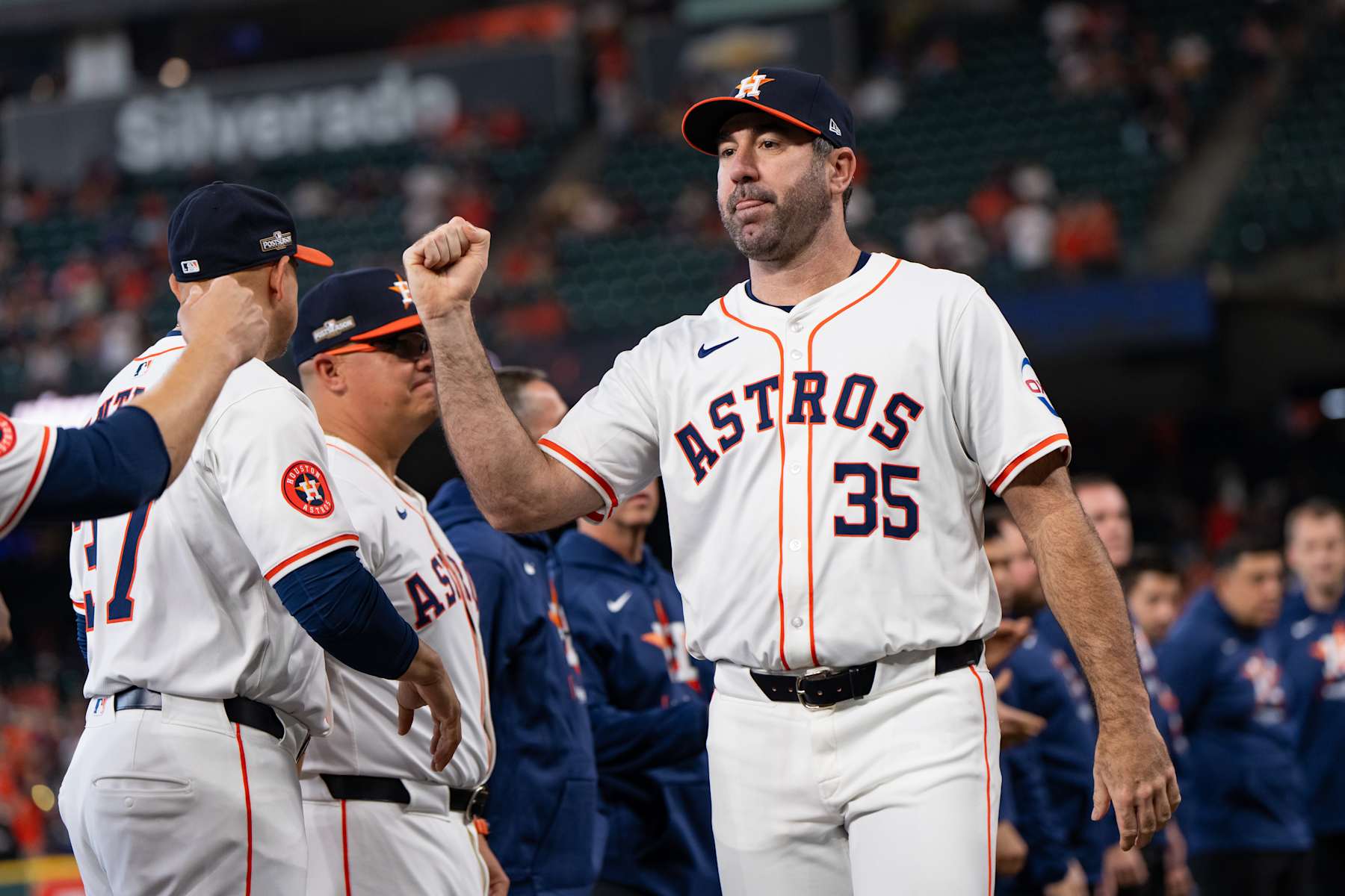HOUSTON, TX - OCTOBER 01: Justin Verlander #35 of the Houston Astros is introduced prior to Game 1 of the Wild Card Series presented by T-Mobile 5G Home Internet between the Detroit Tigers and the Houston Astros at Minute Maid Park on Tuesday, October 1, 2024 in Houston, Texas. (Photo by Alex Bierens de Haan/MLB Photos via Getty Images)