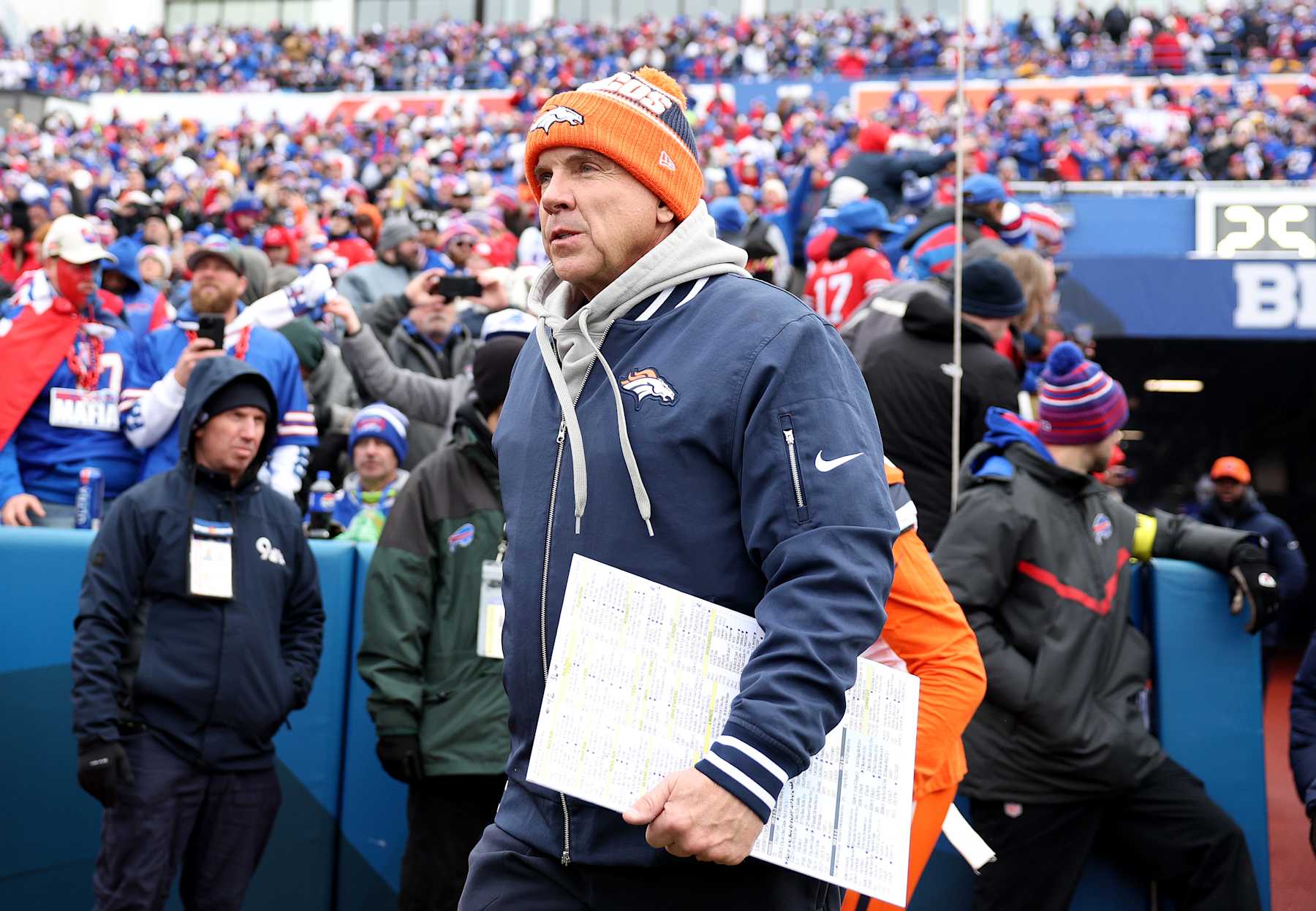 ORCHARD PARK, NEW YORK - JANUARY 12: Head coach Sean Payton of the Denver Broncos takes the field before the AFC Wild Card Playoff game against the Buffalo Bills at Highmark Stadium on January 12, 2025 in Orchard Park, New York. (Photo by Elsa/Getty Images)