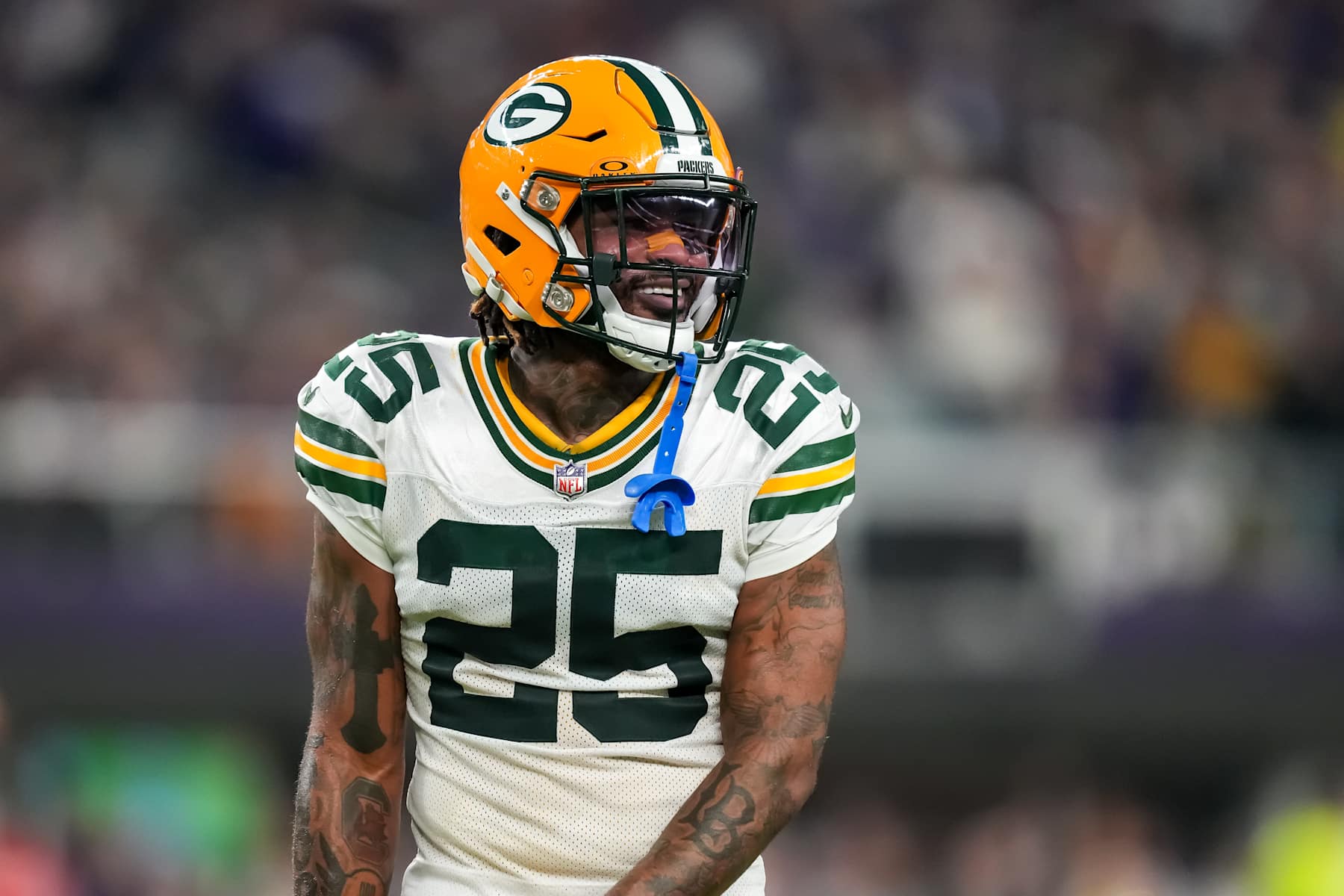 MINNEAPOLIS, MINNESOTA - DECEMBER 29: Keisean Nixon #25 of the Green Bay Packers looks on during a game between the Minnesota Vikings and Green Bay Packers at U.S. Bank Stadium on December 29, 2024 in Minneapolis, Minnesota. (Photo by Brace Hemmelgarn/Getty Images)
